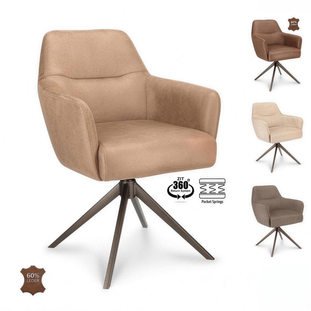 Armstoel Daan 360 stof Desert met bronzen poot en 360 graden return-system - MaxLiving armstoel