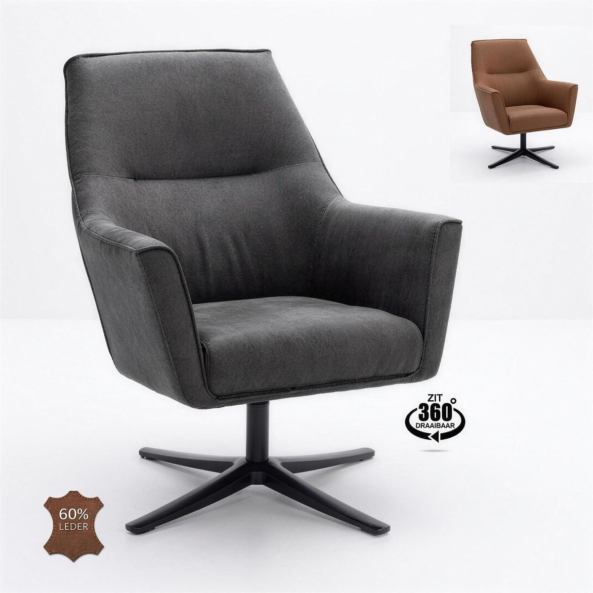 Fauteuil Stef microleder Graphite met zwarte draaivoet - MaxLiving fauteuil