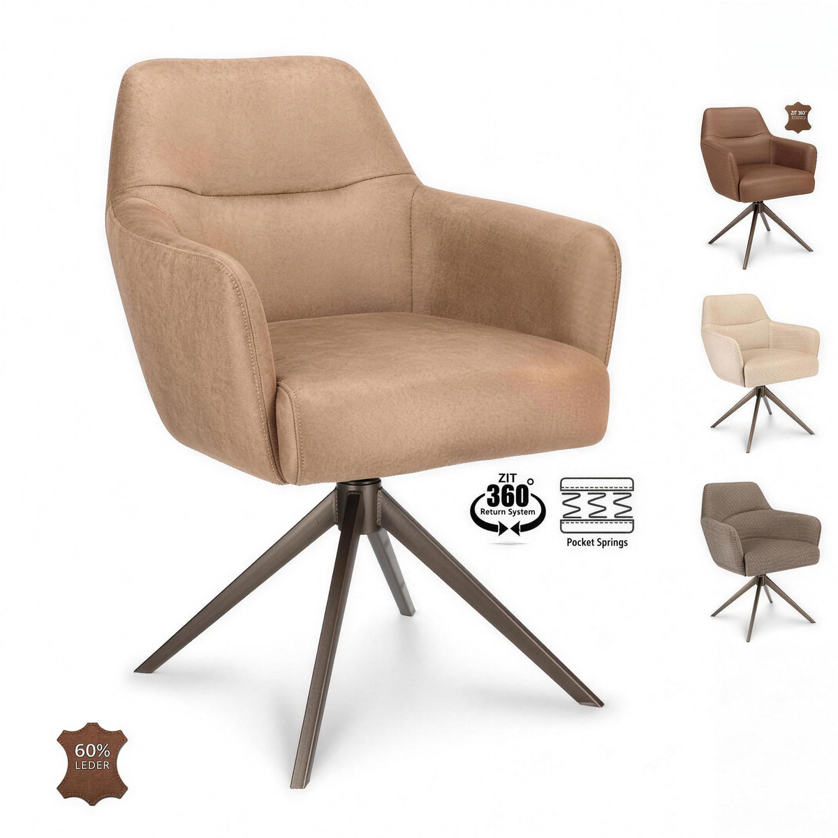 Armstoel Daan 360 stof Taupe met bronzen poot en 360 graden return-system - MaxLiving armstoel