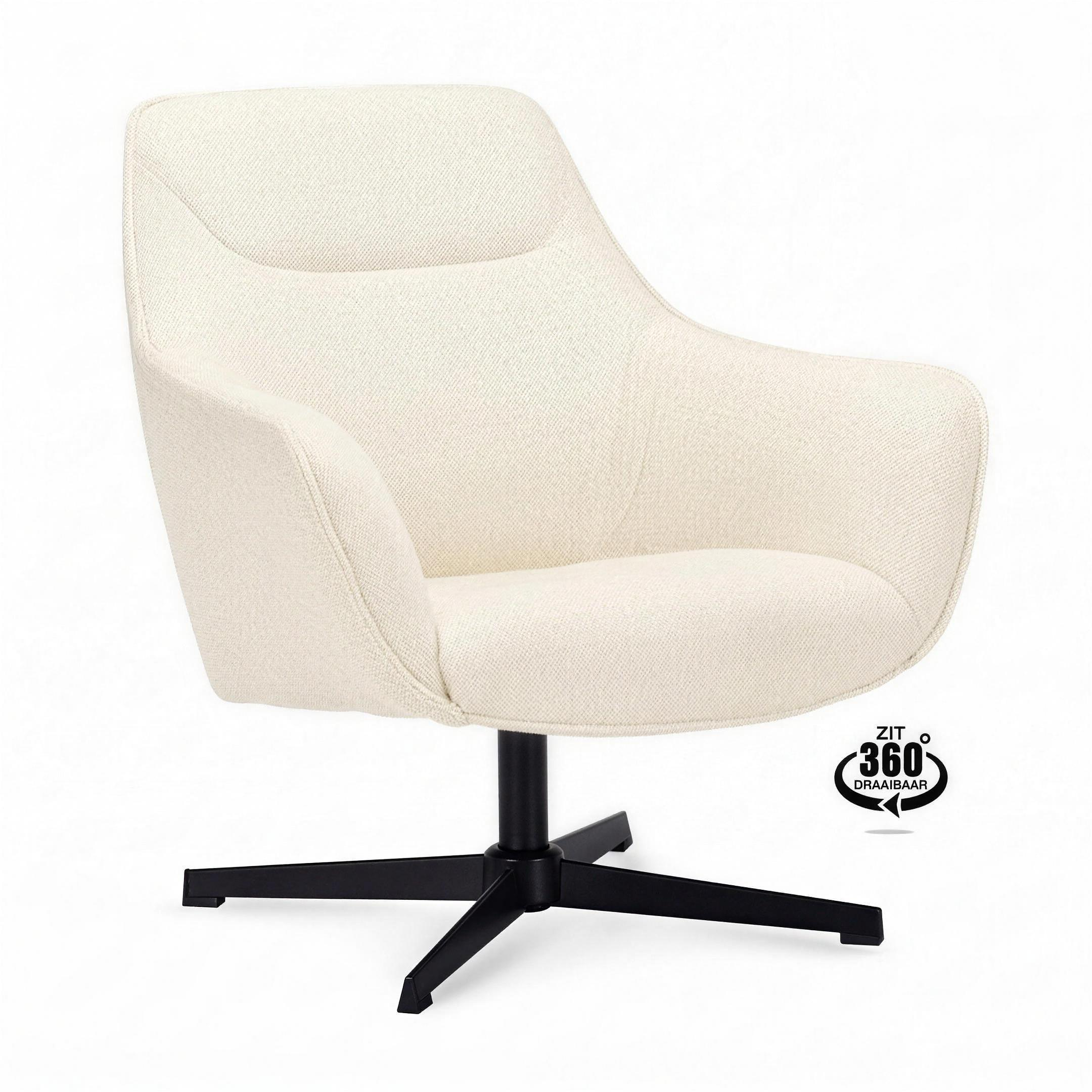 Fauteuil Mees 360 graden draaibaar stof Natural met zwarte poten - MaxLiving fauteuil