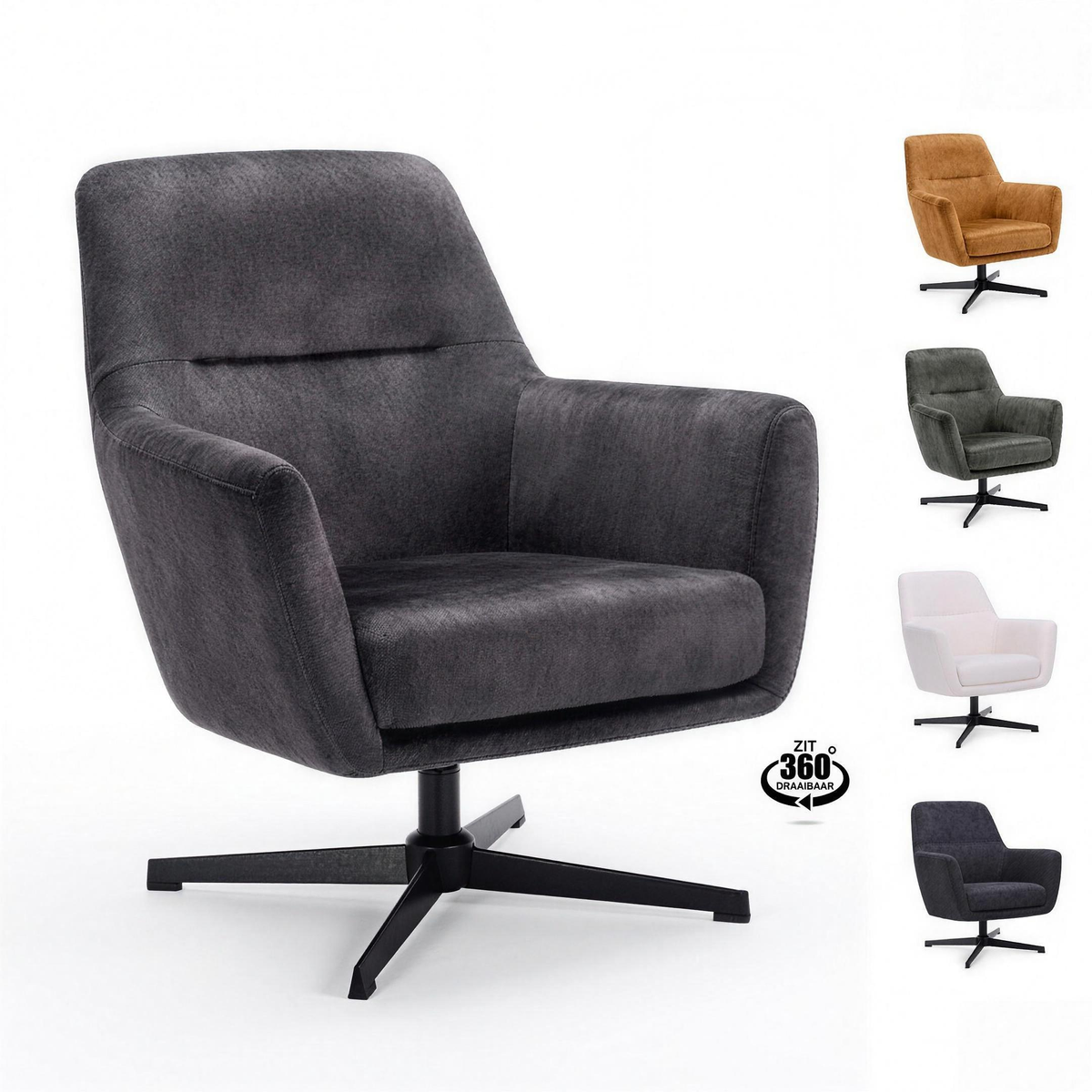 Fauteuil Tjerk stof Anthracite met zwarte draaivoet - MaxLiving fauteuil