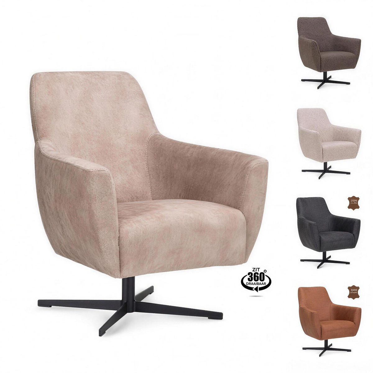 Fauteuil Jelmer stof Sand met zwarte poot, 360 graden draaibaar - MaxLiving fauteuil