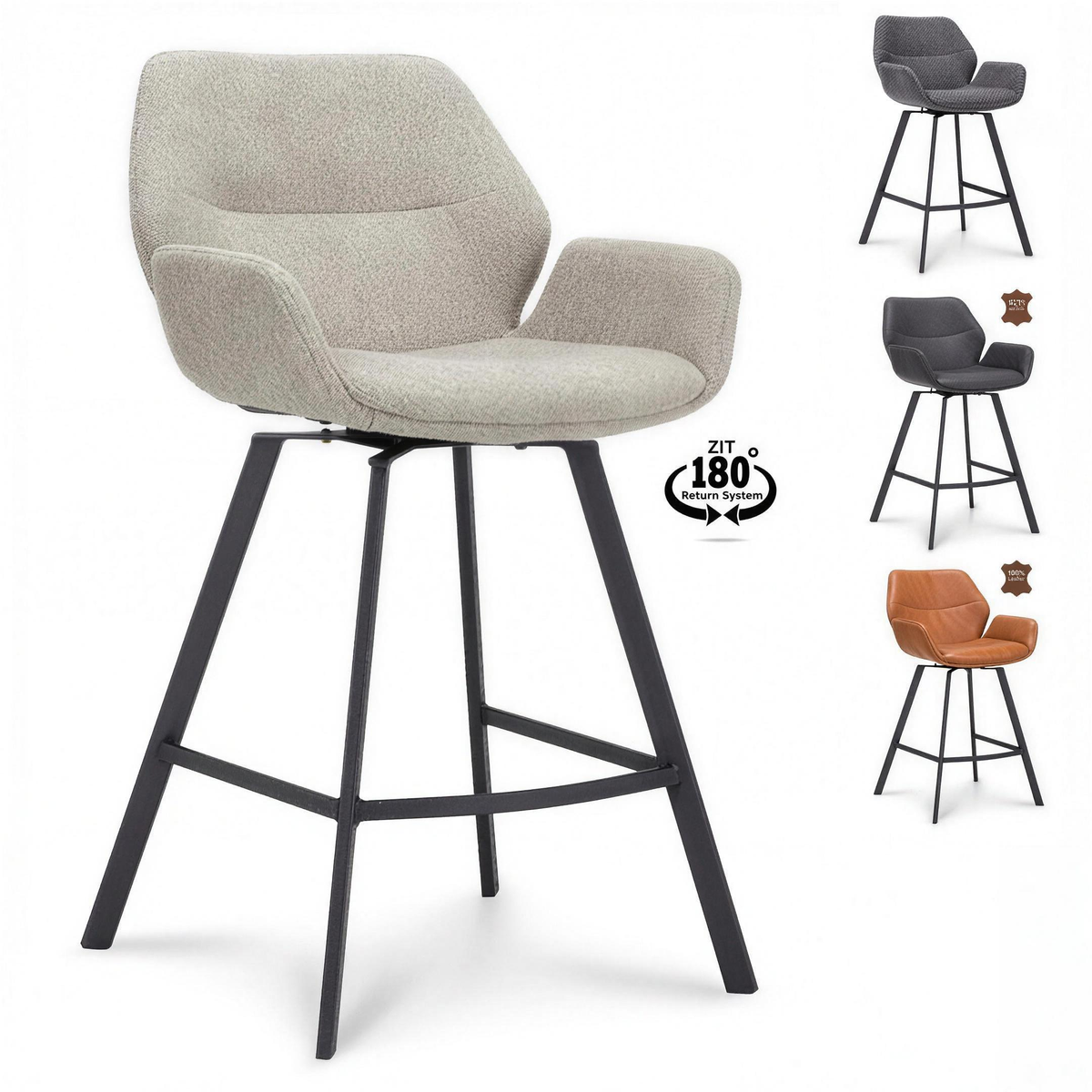 Barkruk Reinder met armleuning stof Taupe zwarte poot zithoogte 65 cm - MaxLiving barkruk