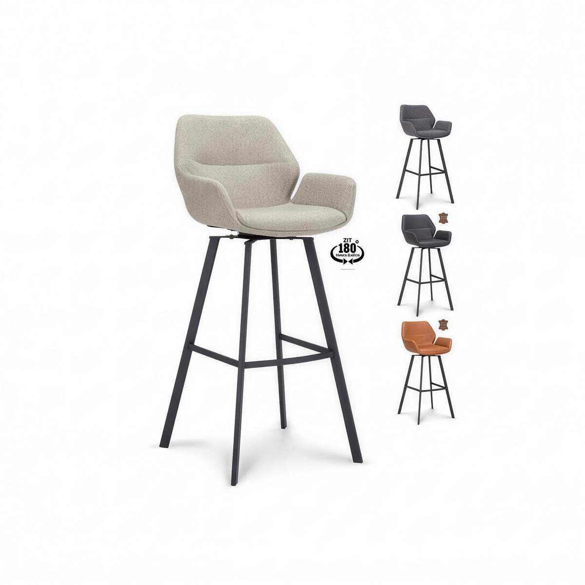 Barkruk Reinder met armleuning stof Taupe zwarte poot zithoogte 80 cm - MaxLiving barkruk