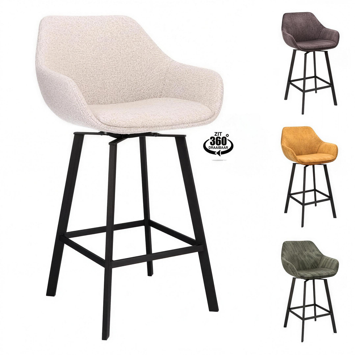Barkruk met armleuning Floris zithoogte 65 cm stof Shell met zwarte poten - MaxLiving barkruk
