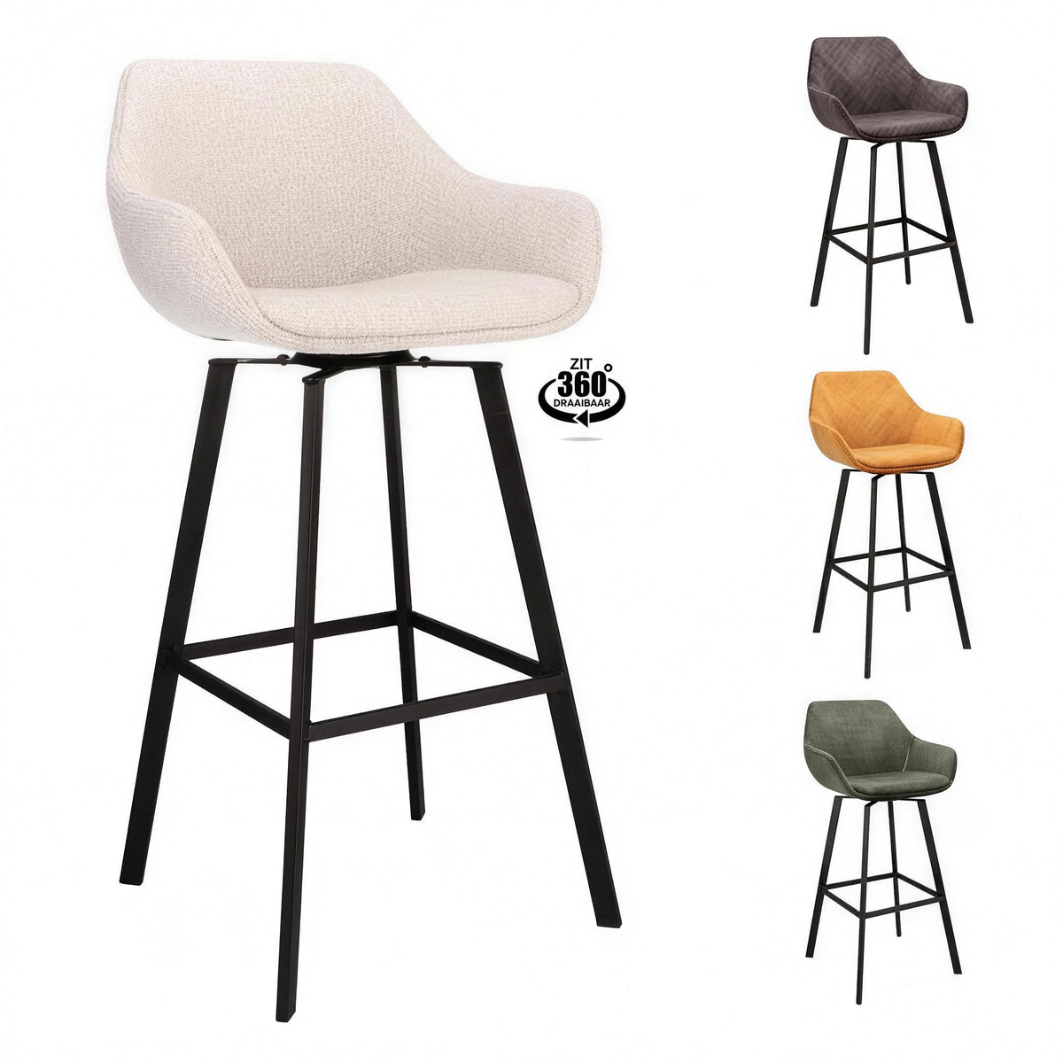 Barkruk met armleuning Floris zithoogte 80 cm stof Shell met zwarte poten - MaxLiving barkruk