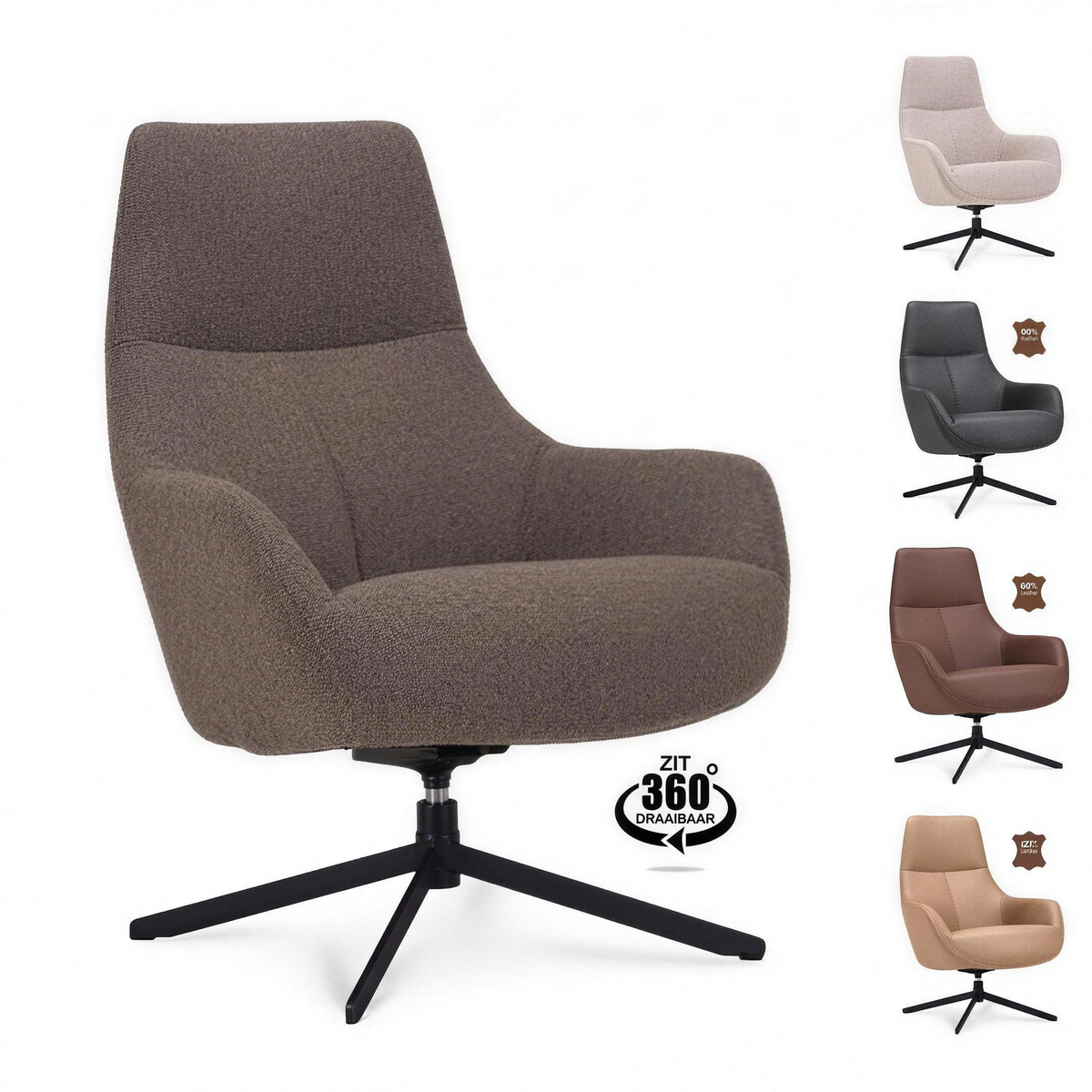 Fauteuil Hessel microleder Liver met zwarte poot 360° draaibaar - MaxLiving fauteuil