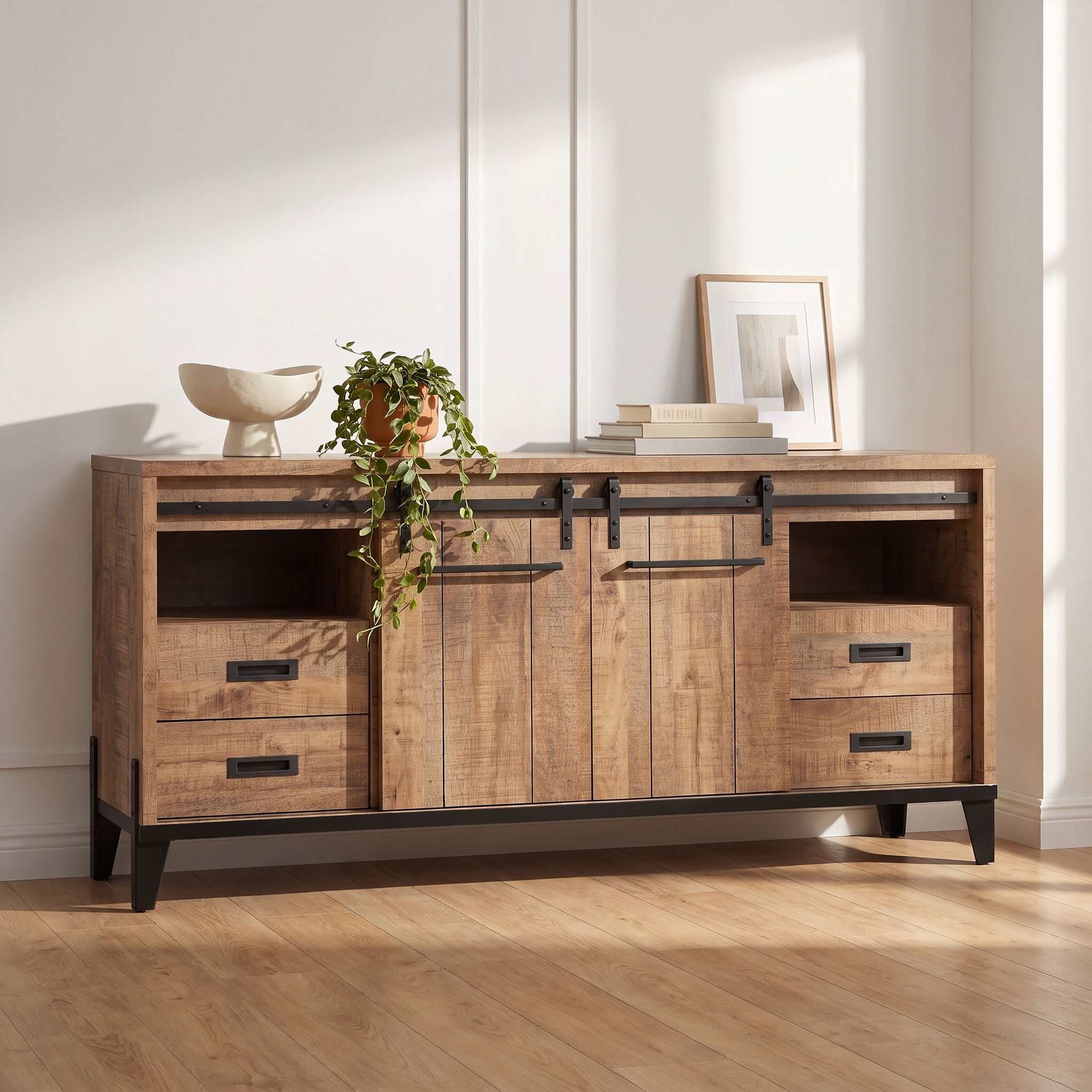 Sfeerfoto Dressoir Milaan 210 cm in Lamulux mango in lichte woonkamer