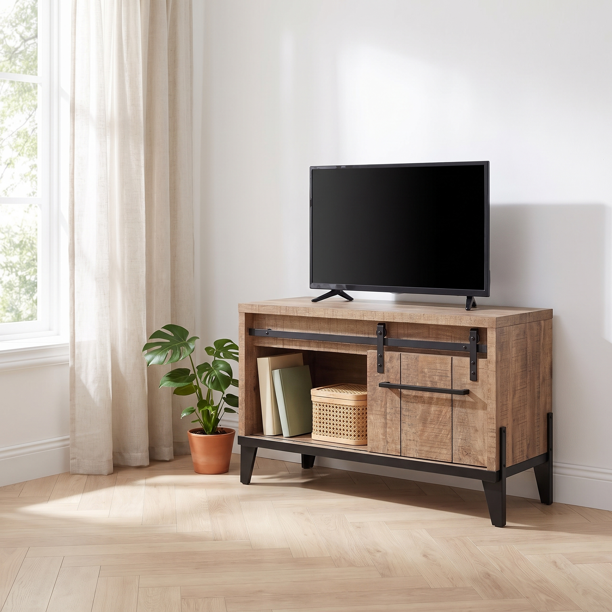 Sfeerfoto TV-meubel Klein Milaan 112 cm in Lamulux mango in lichte woonkamerhoek