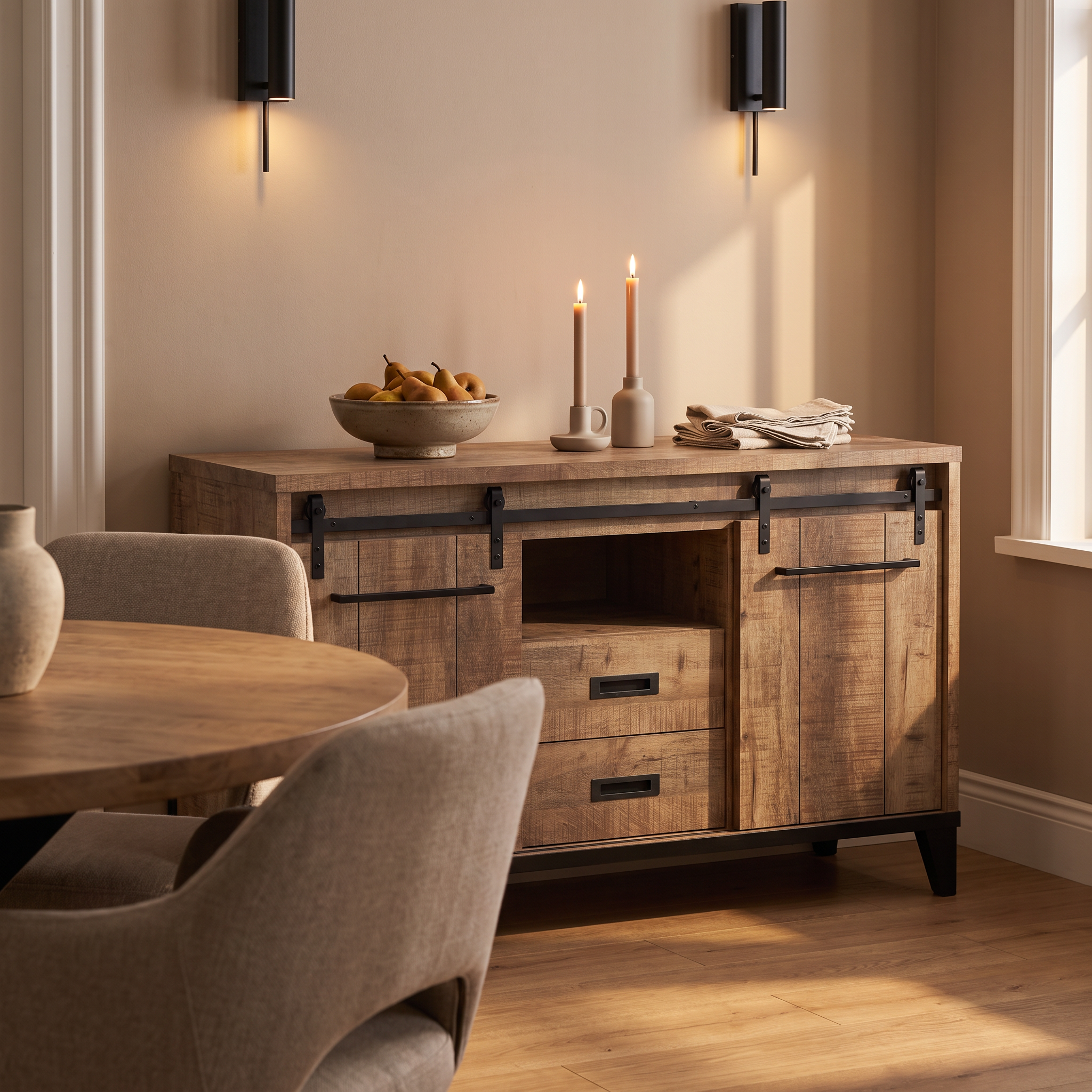 Sfeerfoto Dressoir Milaan 160 cm in Lamulux mango in eetkamer met wandlampen