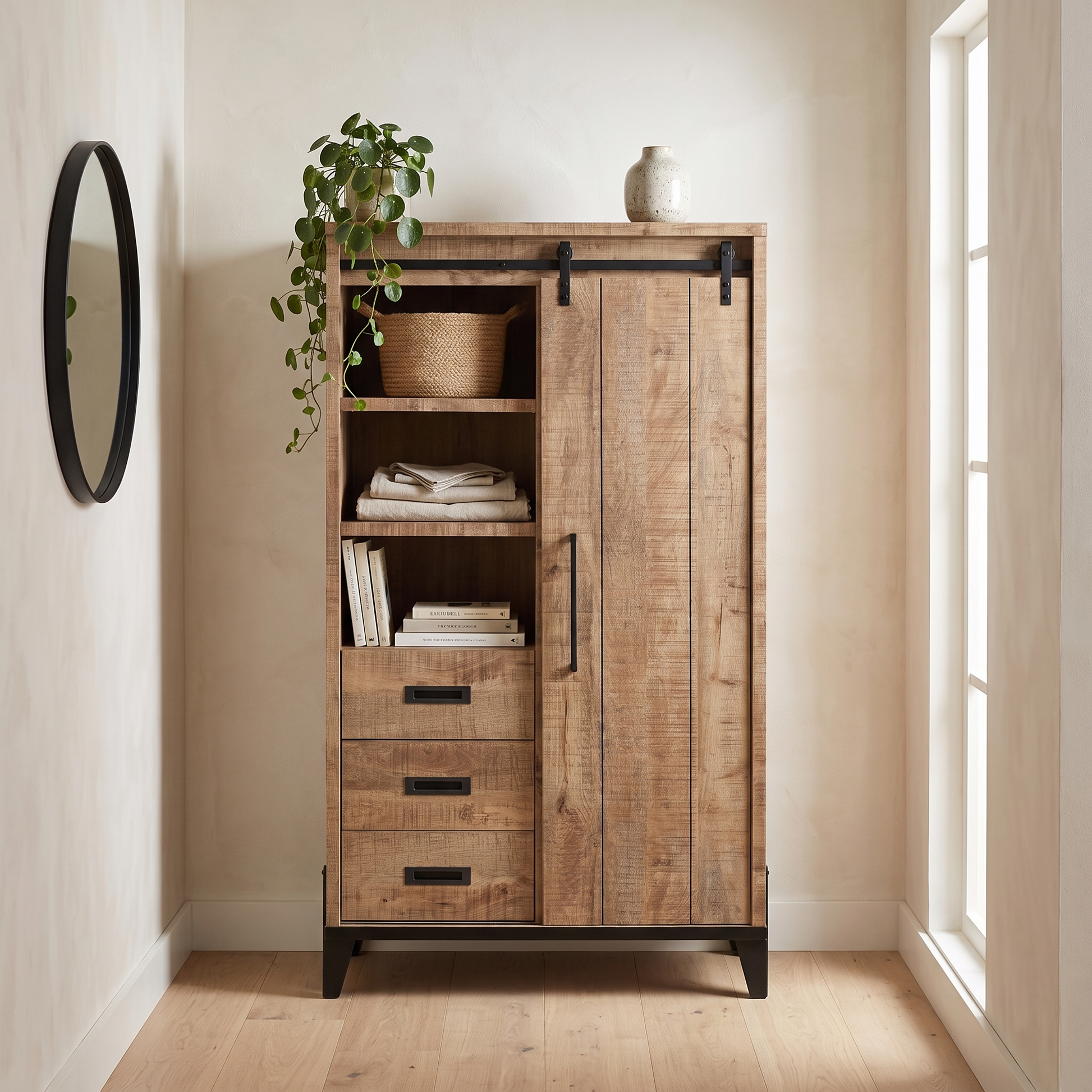 Sfeerfoto Bergkast Milaan 109 cm in Lamulux mango met zwart metalen frame in woonkamerhoek