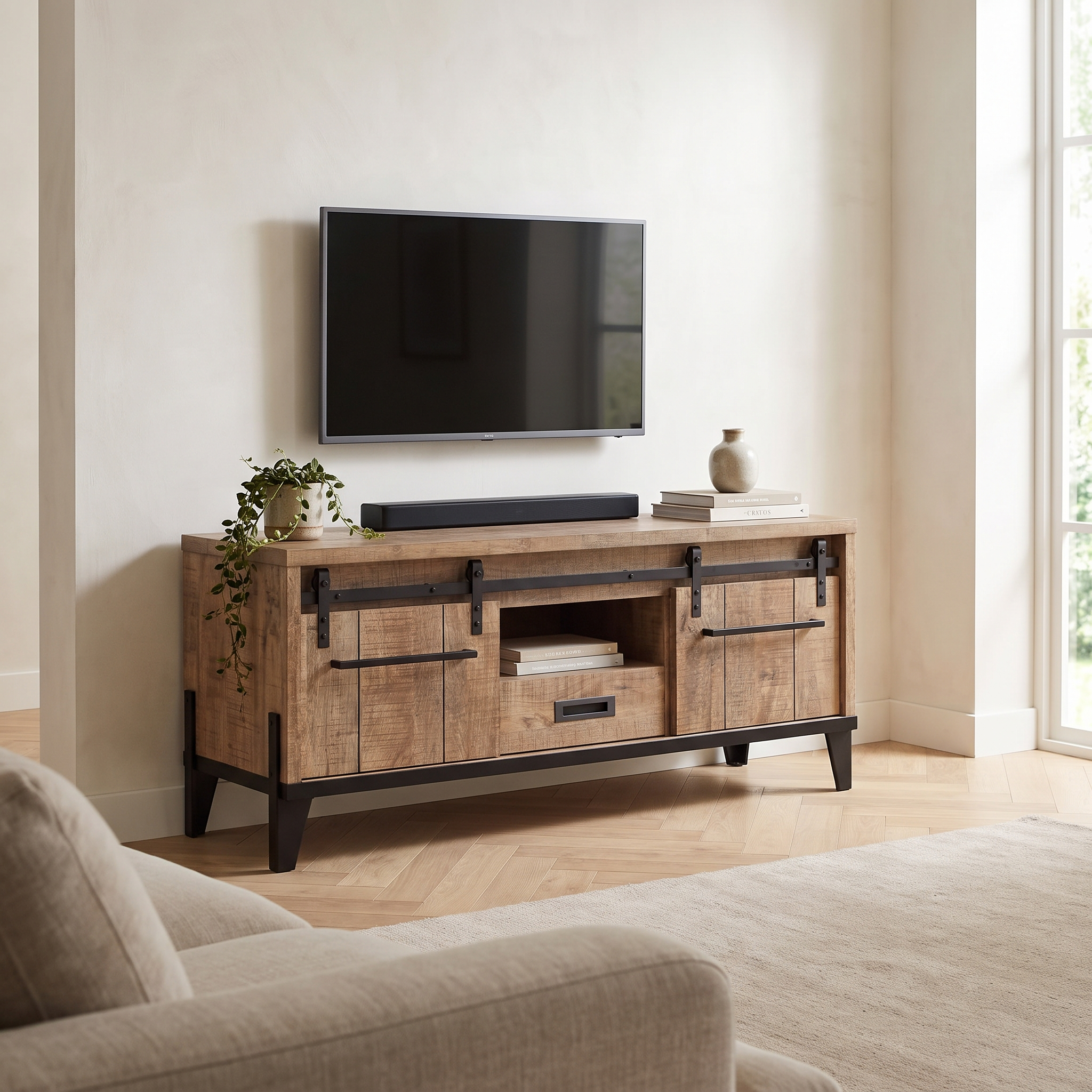 Sfeerfoto TV-meubel Groot Milaan 153 cm in Lamulux mango met schuifdeuren, TV en soundbar in lichte woonkamer