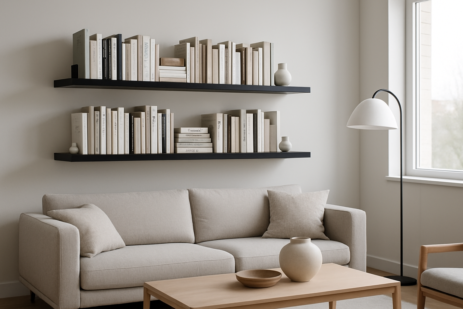Moderne woonkamer met 2 zwevende boekenplank met boeken erop.