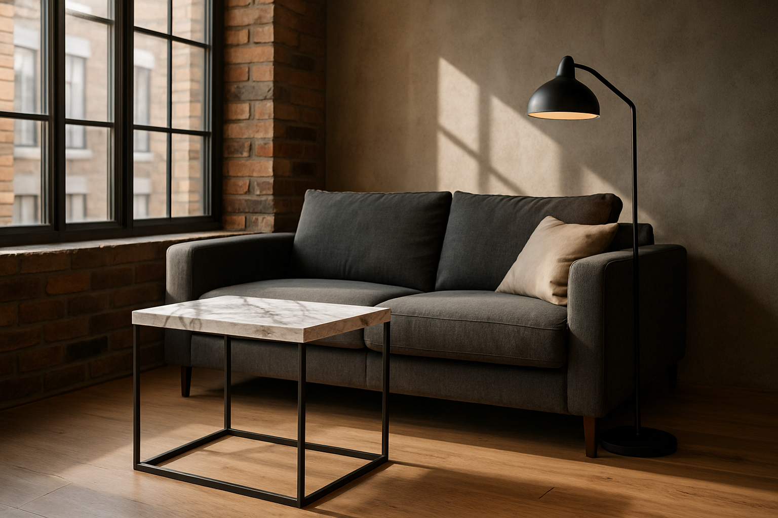 Marmeren bijzettafel met zwart metalen poten voor een grijze bank tegen de muur in een moderne industriële stijl, comfortabele woonkamer met daglicht. 