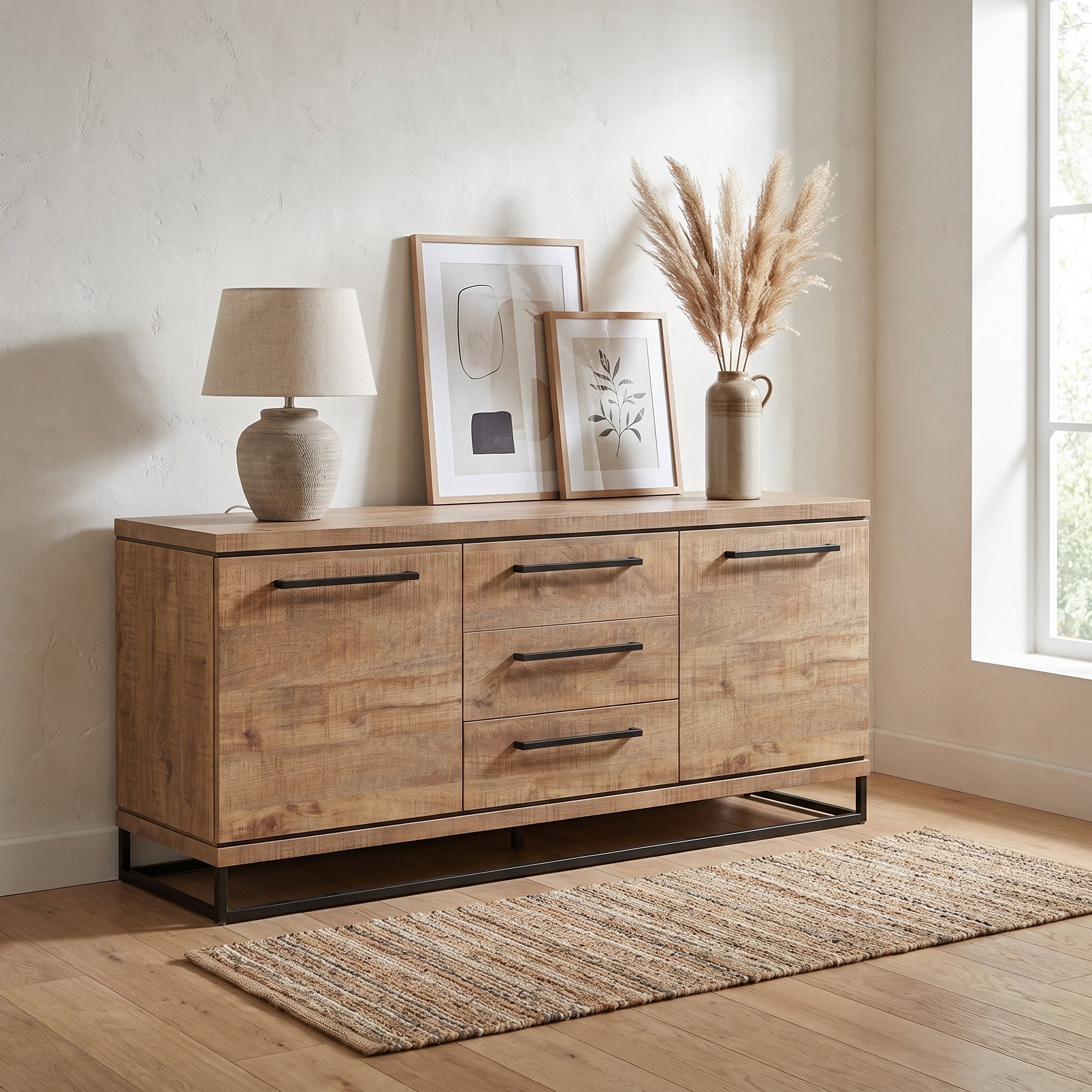 Dressoir Lynn 180 cm met 2 deuren en 3 lades in mango-look, gestyled in een eetkamer