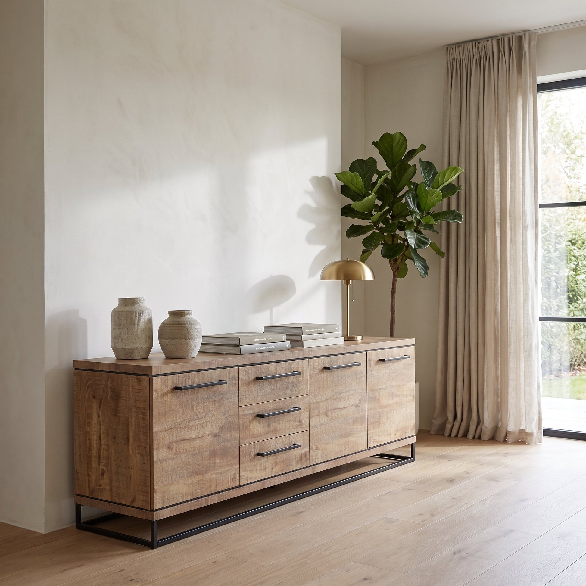 Dressoir Lynn 240 cm met 3 deuren en 3 lades in mango-look in een ruime woonkamer