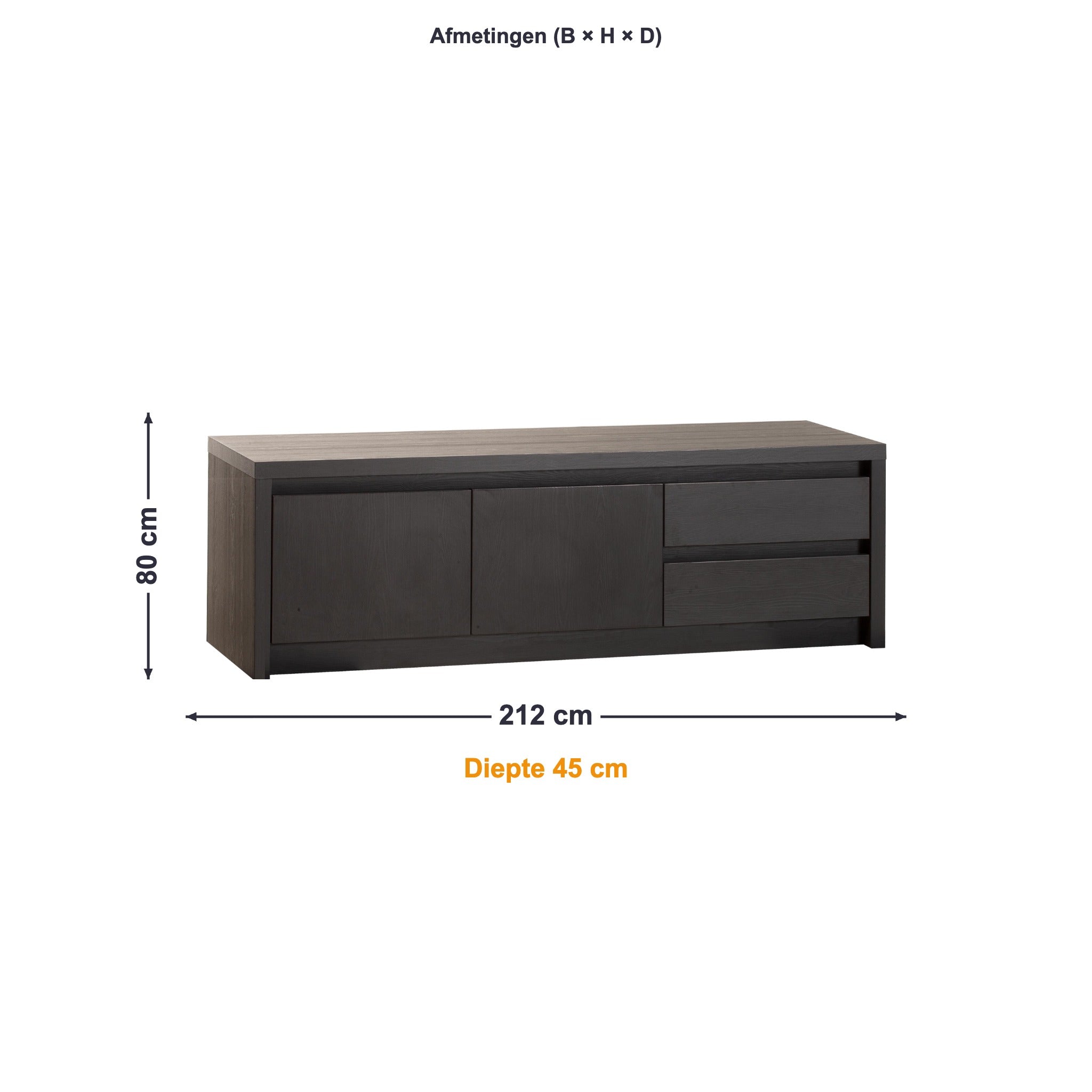 Maxfurn Dressoir Modena klein afmetingen – B 212 × H 80 × D 45 cm