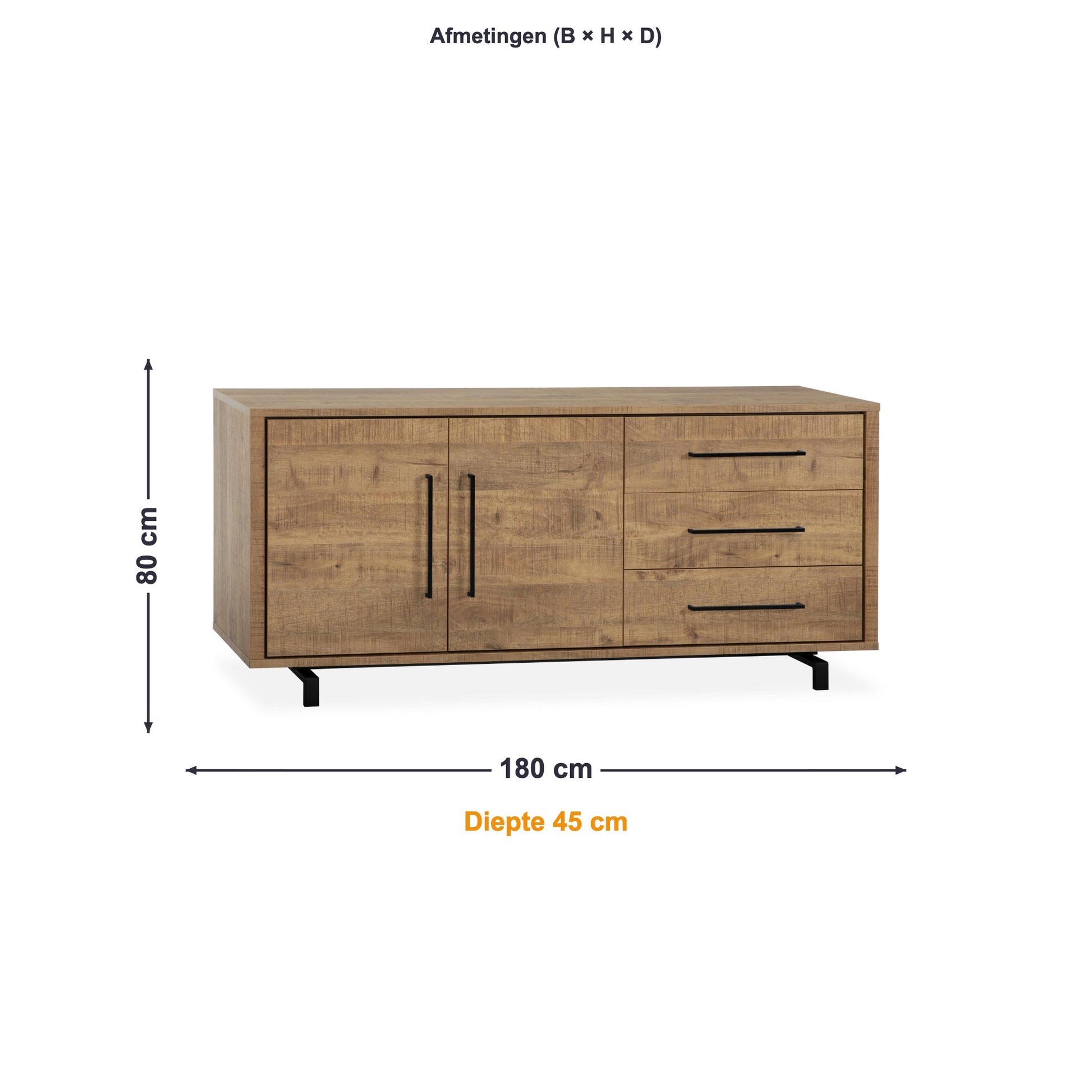 Maxfurn Dressoir Wynwood Plus afmetingen – B 180 × H 80 × D 45 cm