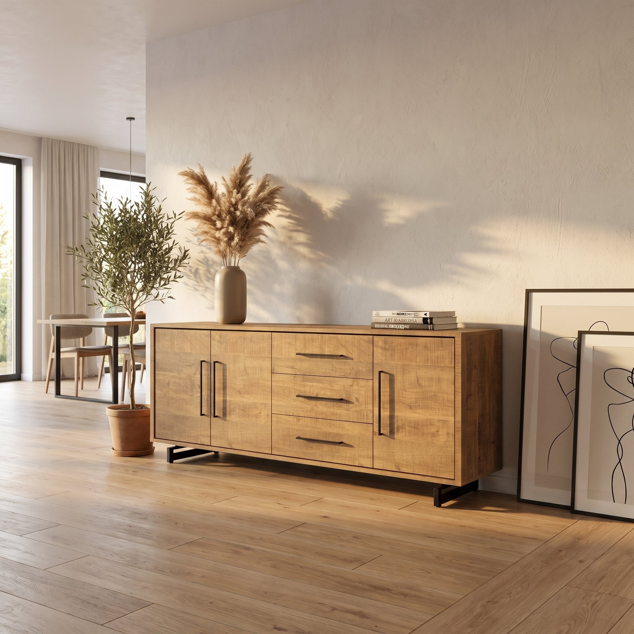 Dressoir Wynwood Plus 240 cm met 3 deuren en 3 lades in mango-look, sfeerfoto in open woonruimte