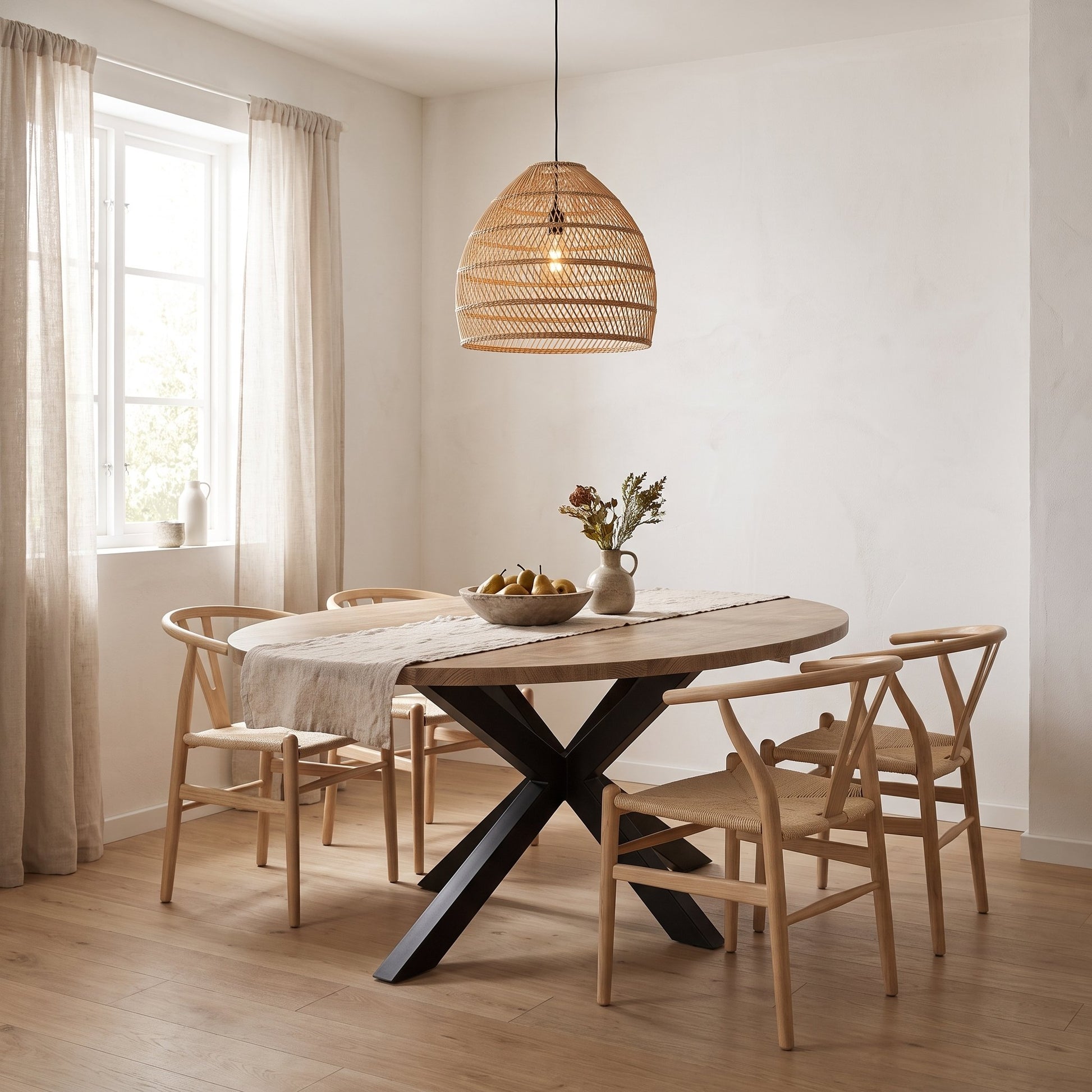 Ovale eettafel Lynn 180 x 102 cm in mango-look met zwarte spinpoot in een lichte eethoek