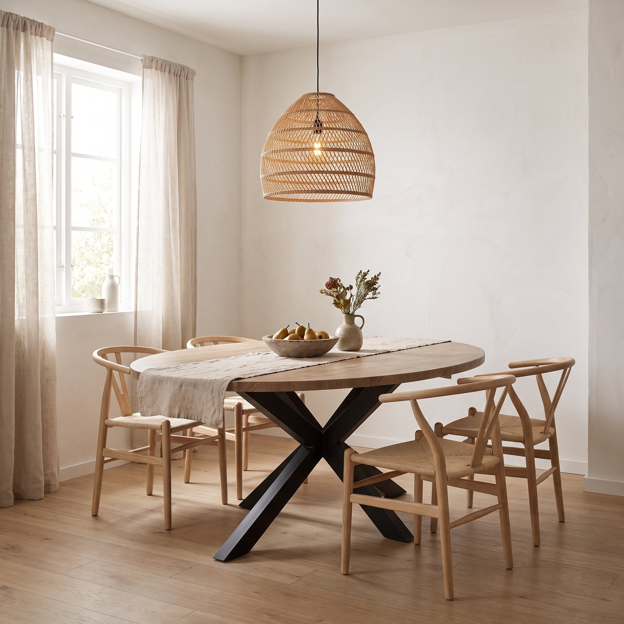 Ovale eettafel Lynn 180 x 102 cm in mango-look met zwarte spinpoot in een lichte eethoek