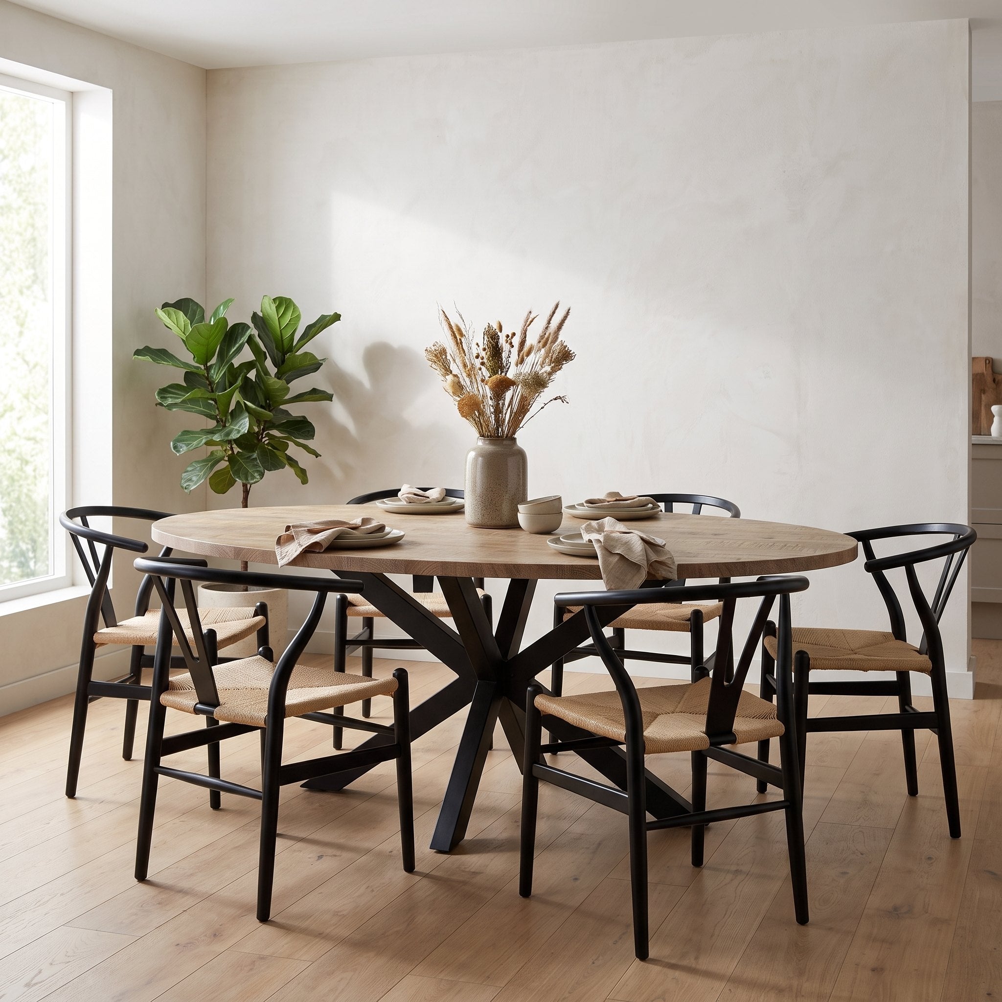 Ovale eettafel Lynn 200 x 102 cm in mango-look met zwarte spinpoot, gedekte tafel in de eetkamer