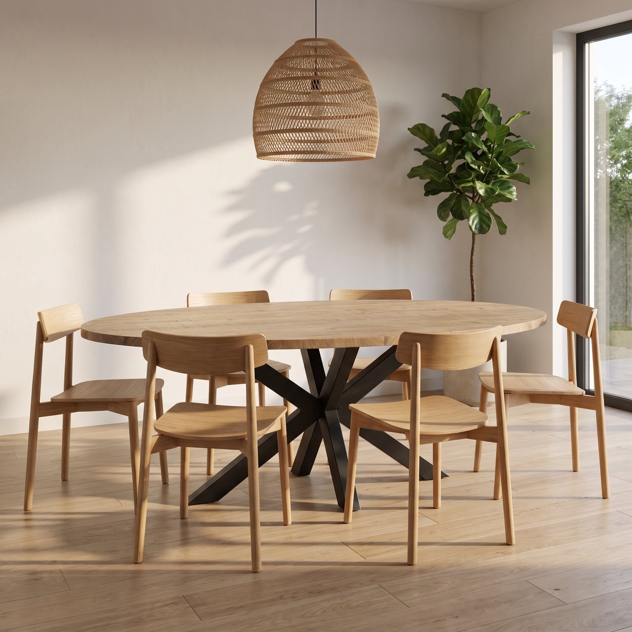 Ovale eettafel Lynn 220 x 120 cm in mango-look met zwarte spinpoot in een open woon-eetkamer
