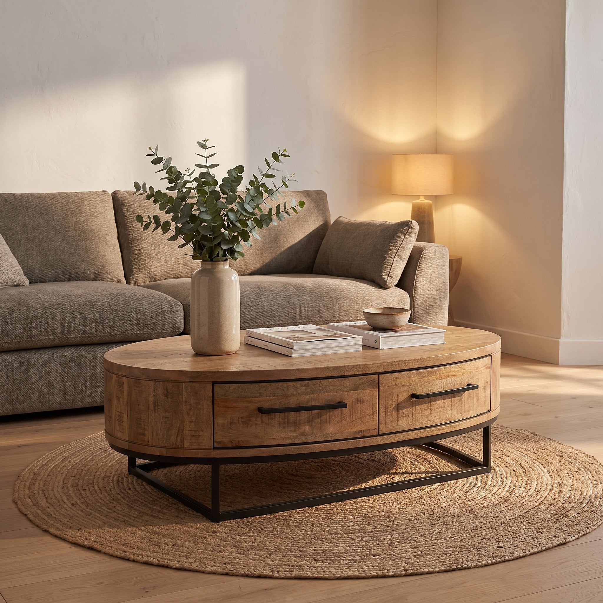 Ovale salontafel Lynn 135 x 67 cm in mango-look met mat zwart metaal in een woonkamer
