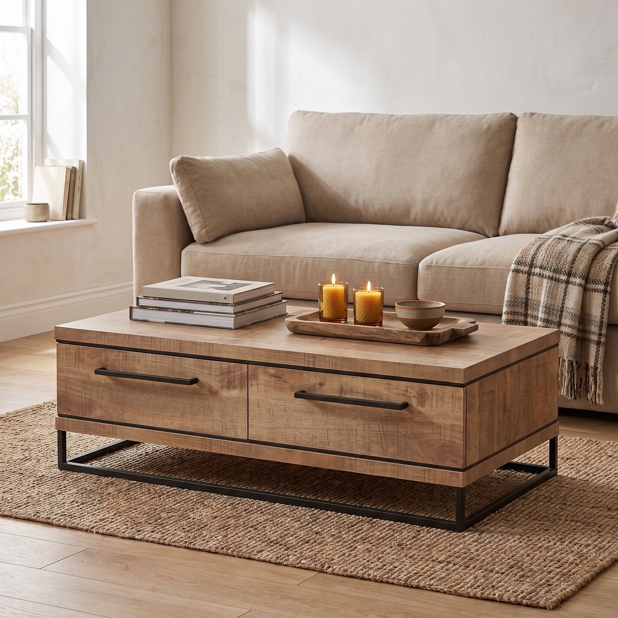 Salontafel Lynn 135 cm met 2 lades in mango-look, sfeerfoto voor een beige bank