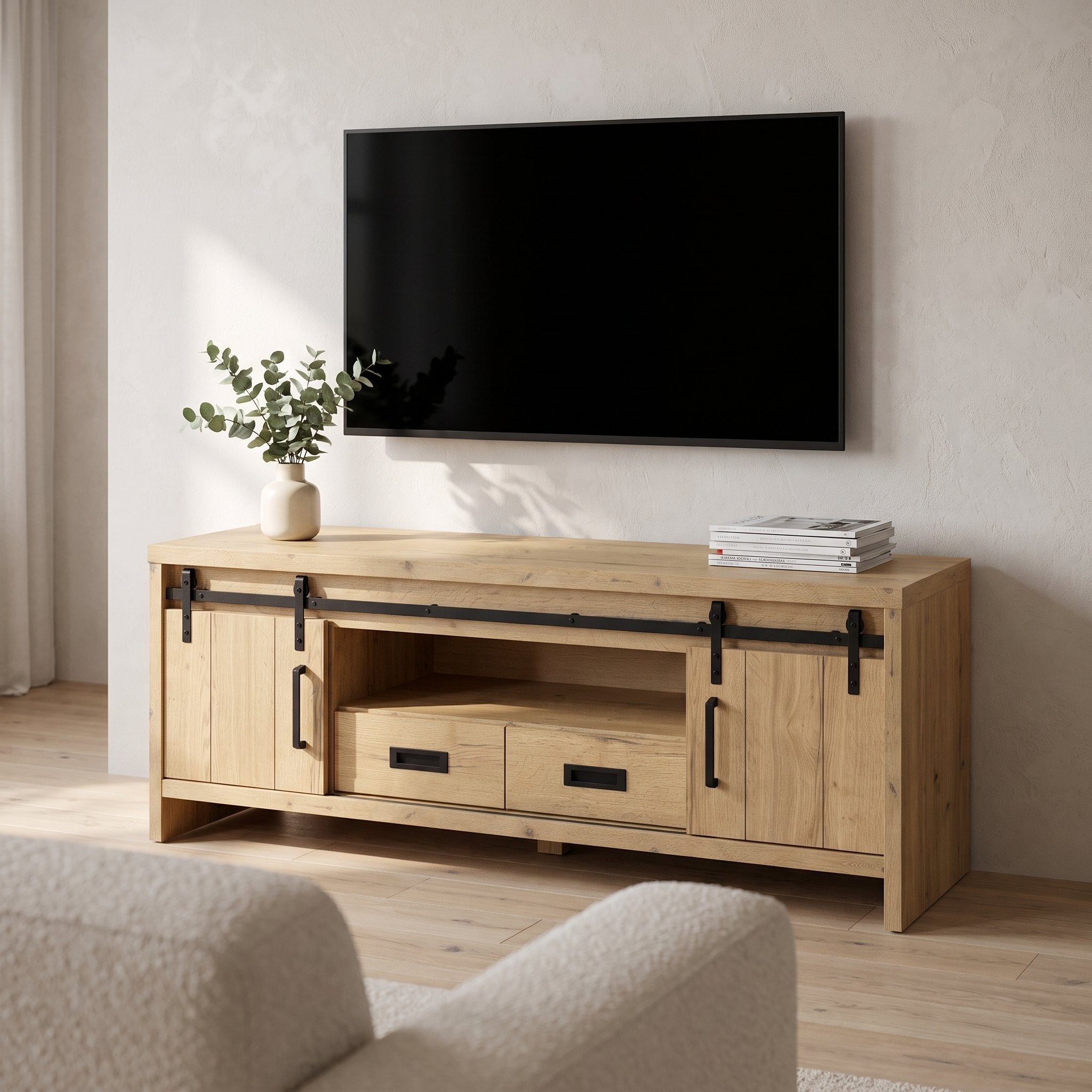TV-meubel Hygge 197 cm met 2 deuren, 2 lades en open vak in Natur, sfeerfoto in woonkamer