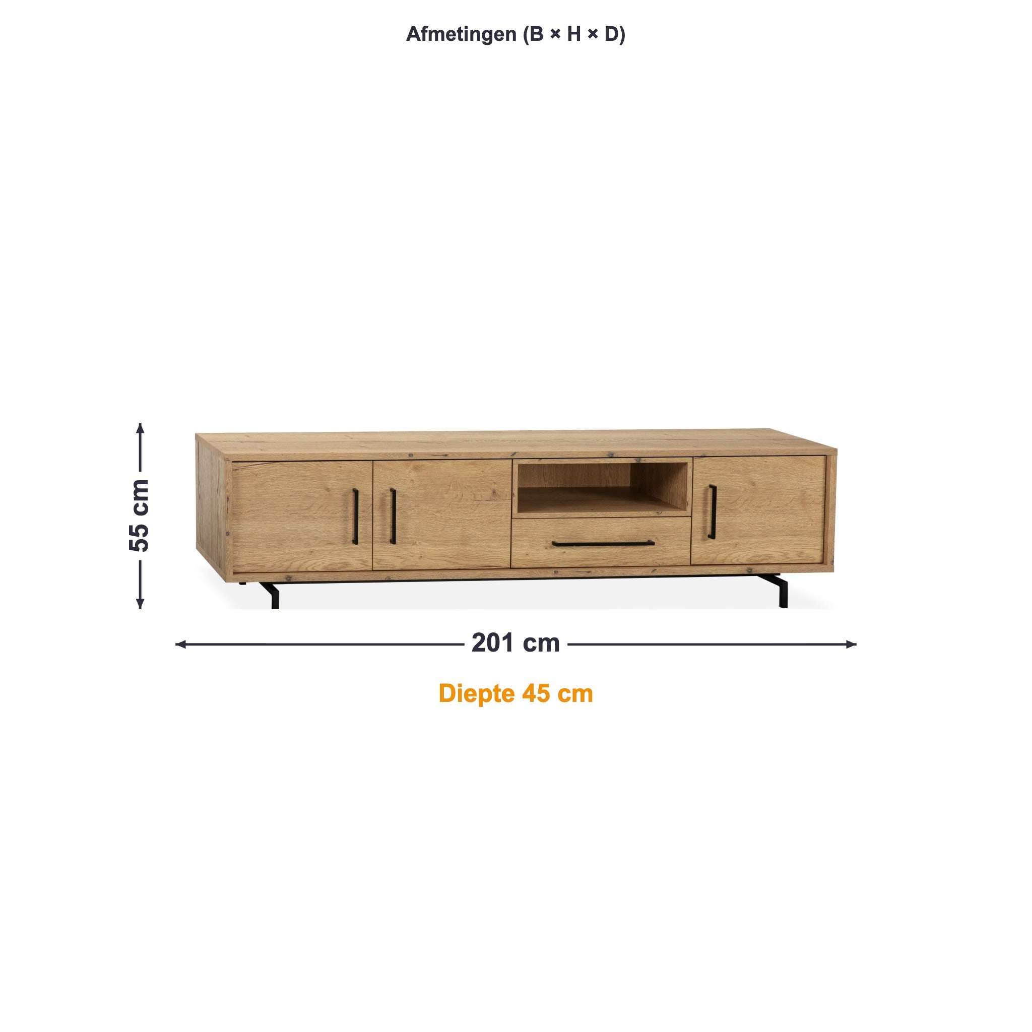 Maxfurn TV-meubel Groot Valencia afmetingen – B 201 × H 55 × D 45 cm