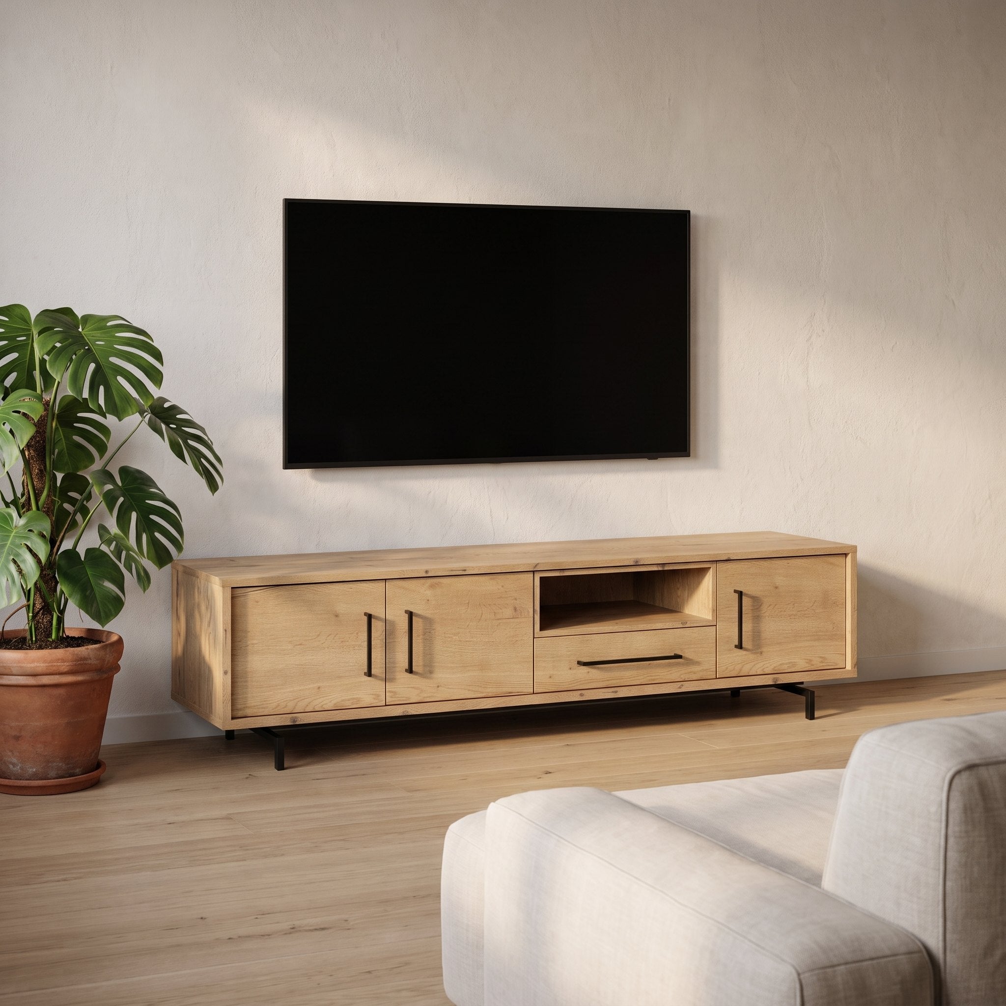 TV-meubel Valencia 201 cm met 3 deuren, 1 lade en 1 open vak in Natur-afwerking, sfeerfoto in woonkamer