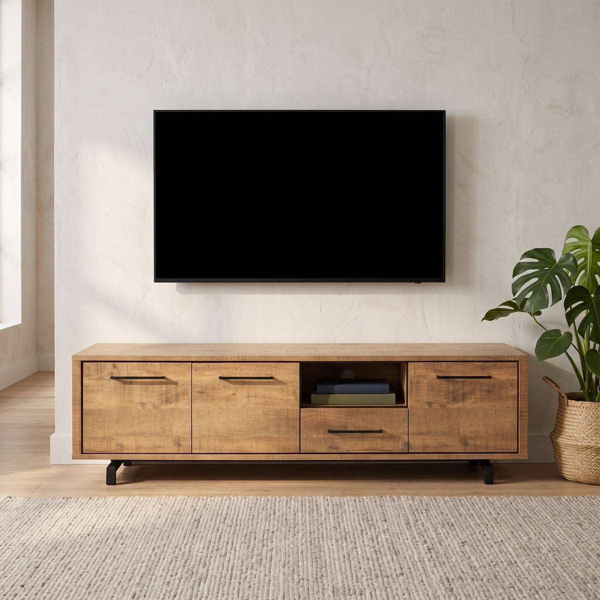 TV-meubel Wynwood Plus 200 cm met 3 deuren, 1 lade en 1 open vak in mango-look, sfeerfoto in woonkamer