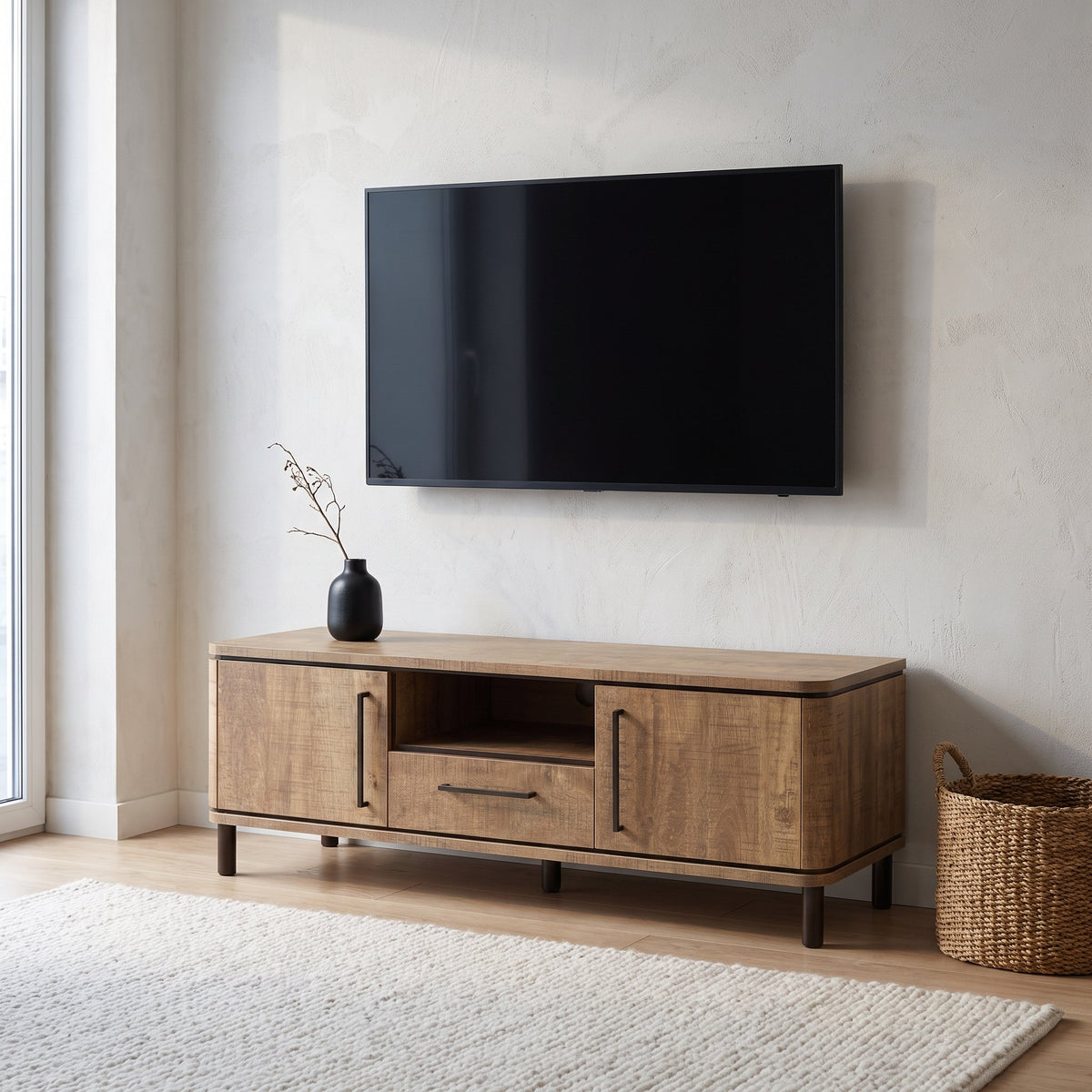 TV-meubel Capri 160 cm met 2 deuren, 1 lade en open vak, sfeerfoto in appartement