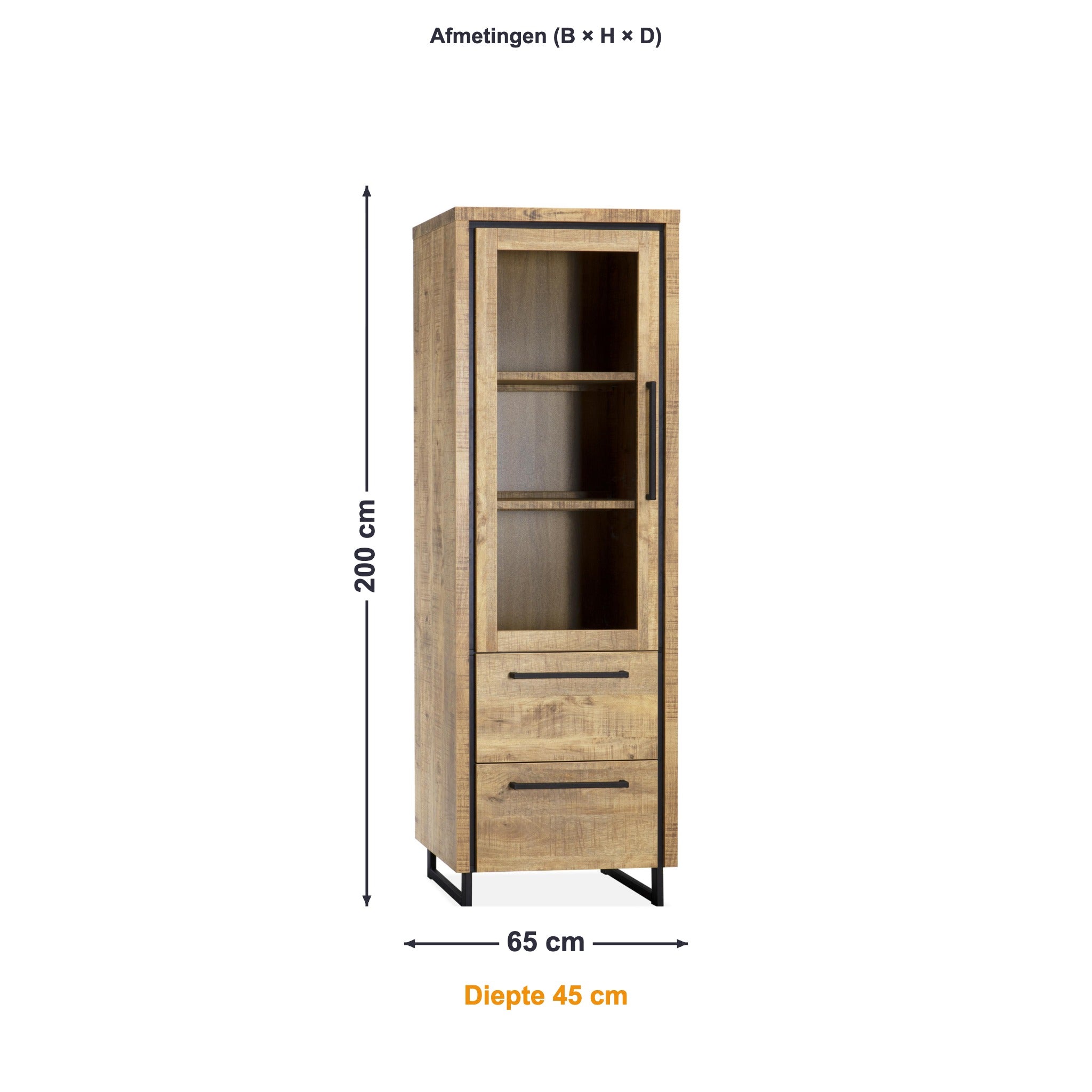 Maxfurn Vitrinekast Riviera afmetingen – B 65 × H 200 × D 45 cm
