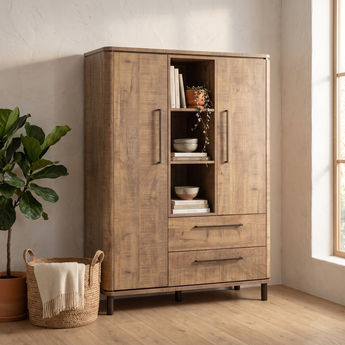 Wandkast Capri 118 cm met 2 deuren, 2 lades en 3 open vakken, sfeerfoto in eethoek