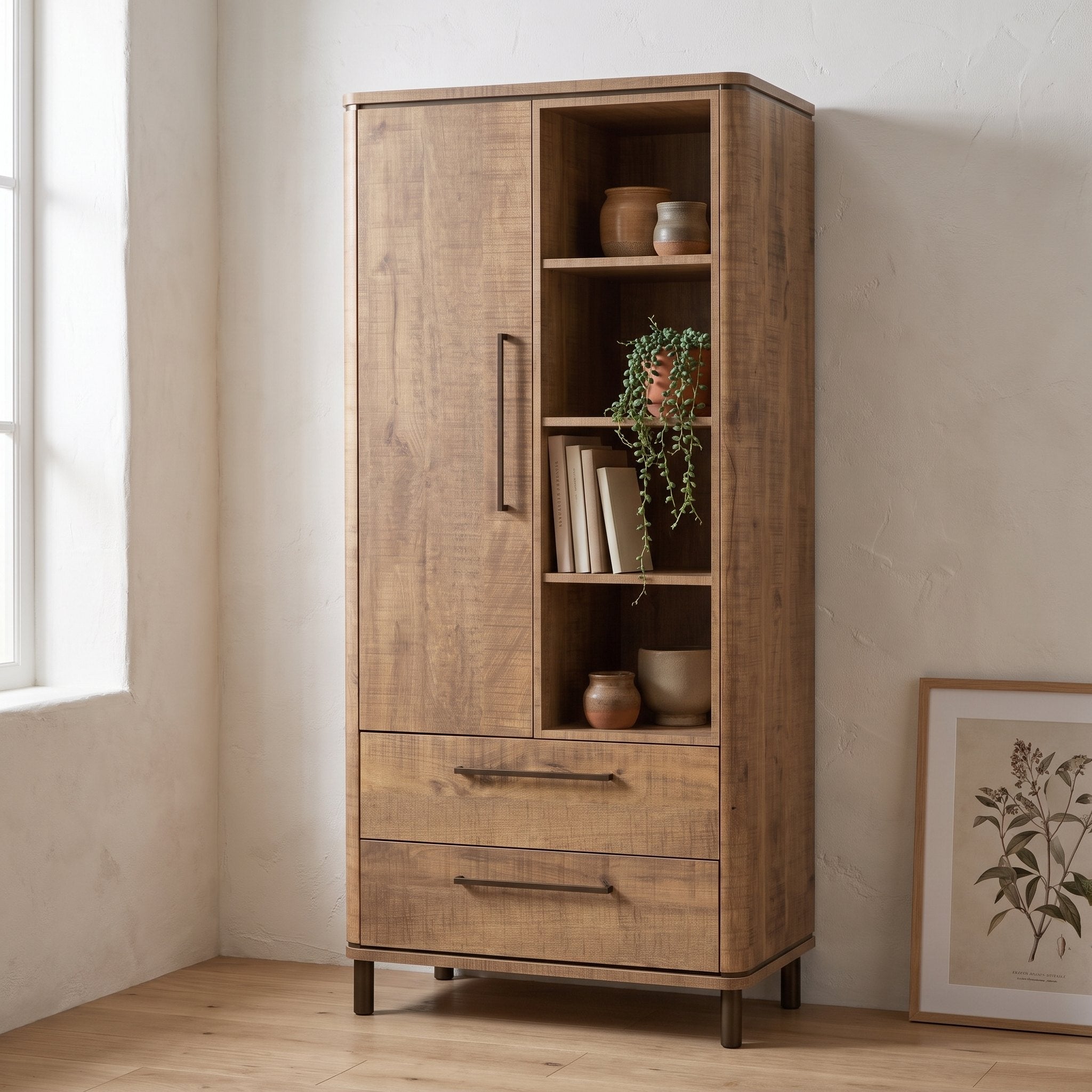 Wandkast Capri 89 cm met 1 deur, 2 lades en 4 open vakken, sfeerfoto in halhoek