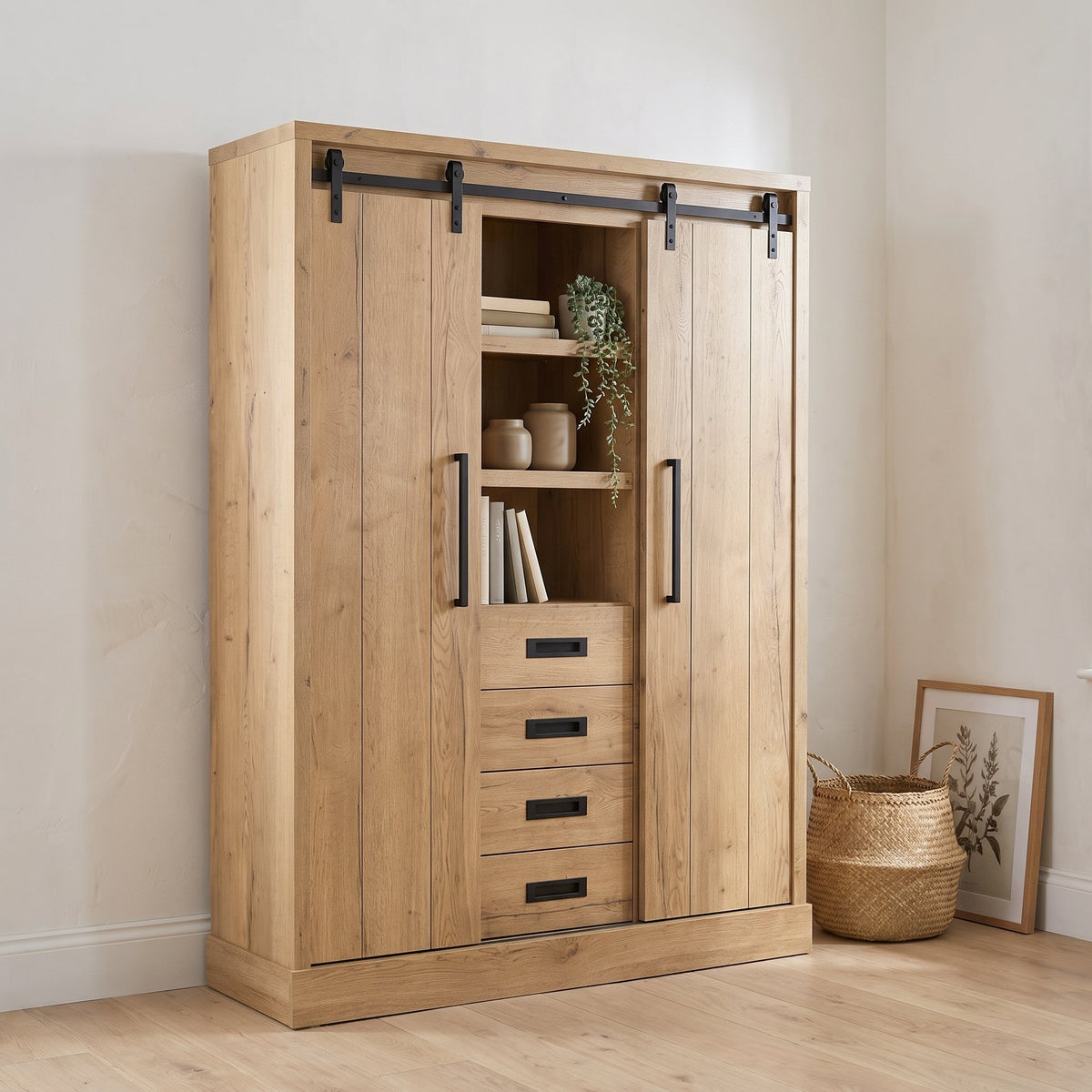 Wandkast Hygge 109 cm met 1 deur, 3 lades en 3 open vakken in Natur, sfeerfoto in halhoek