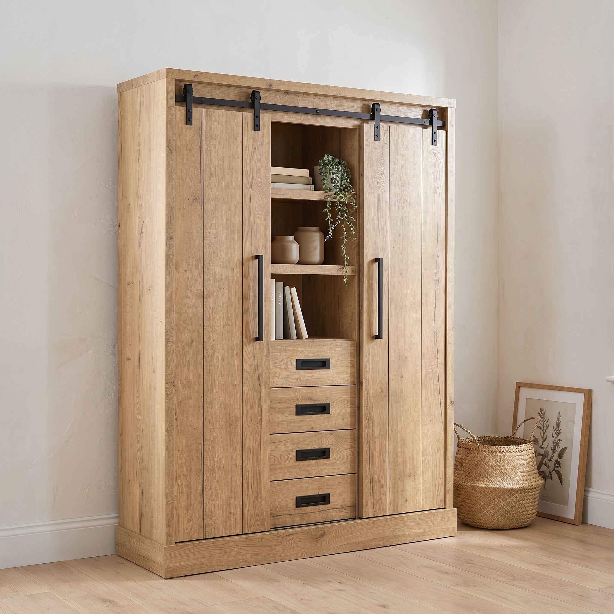 Wandkast Hygge 109 cm met 1 deur, 3 lades en 3 open vakken in Natur, sfeerfoto in halhoek