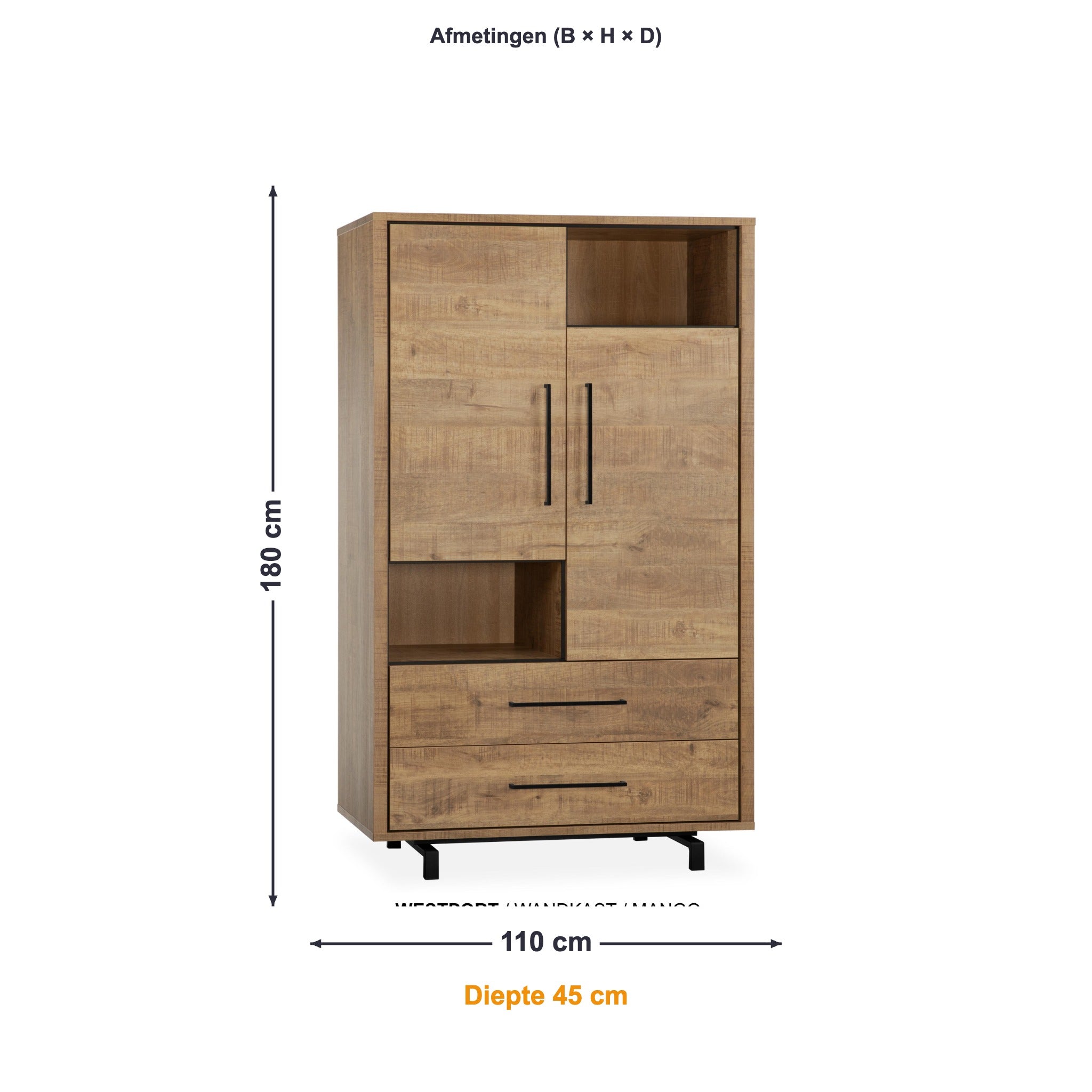 Maxfurn Wandkast Wynwood Plus afmetingen – B 110 × H 180 × D 45 cm
