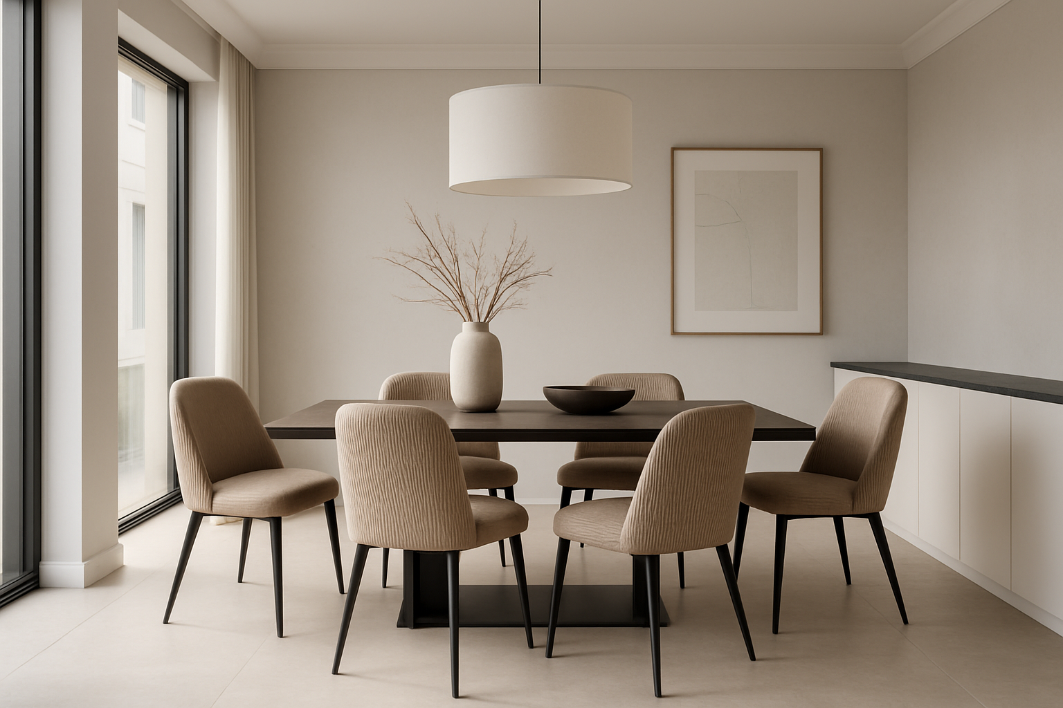 Moderne eetkamer met 4 eetkamerstoelen met ribstof in beige.