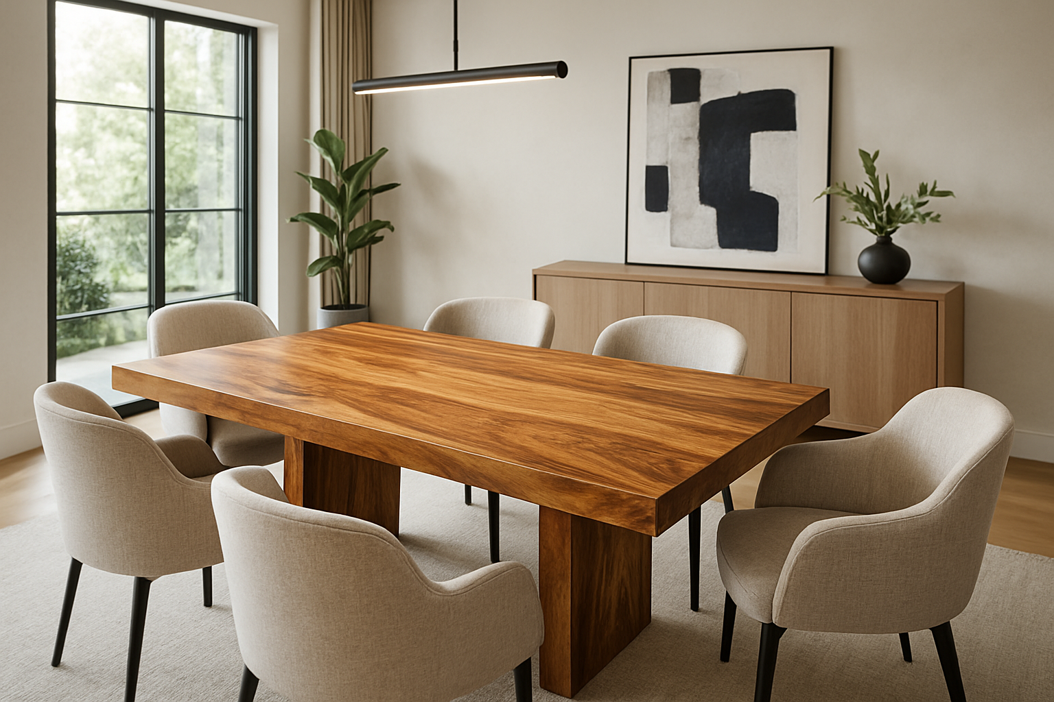 Moderne eetkamer met comfortabele kuipstoelen rond een eettafel van mangohout.