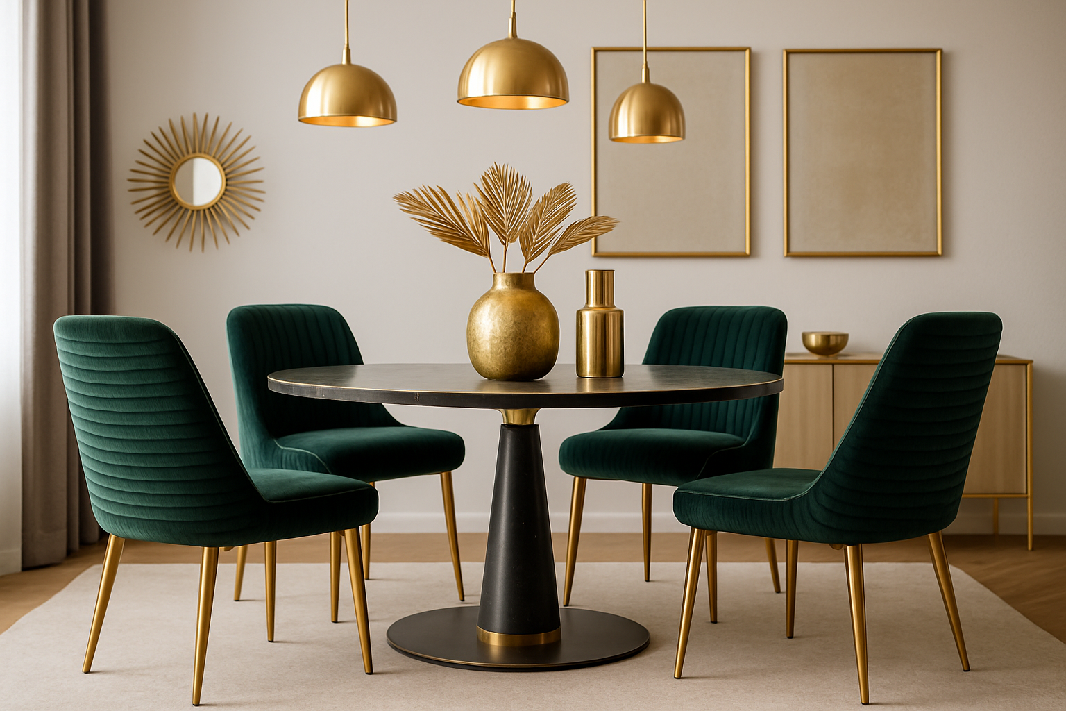 Moderne eetkamer met trendy gouden decoraties en 4 eetkamerstoelen met ribstof in donkergroen.