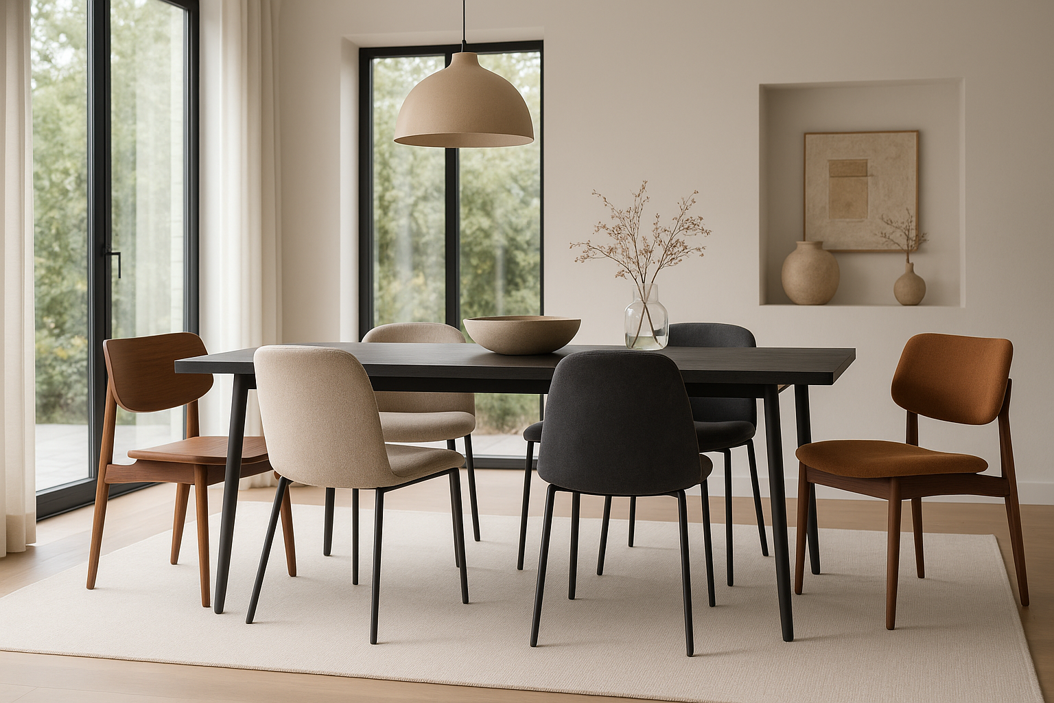 Moderne eetkamer met moderne design eetkamerstoelen.