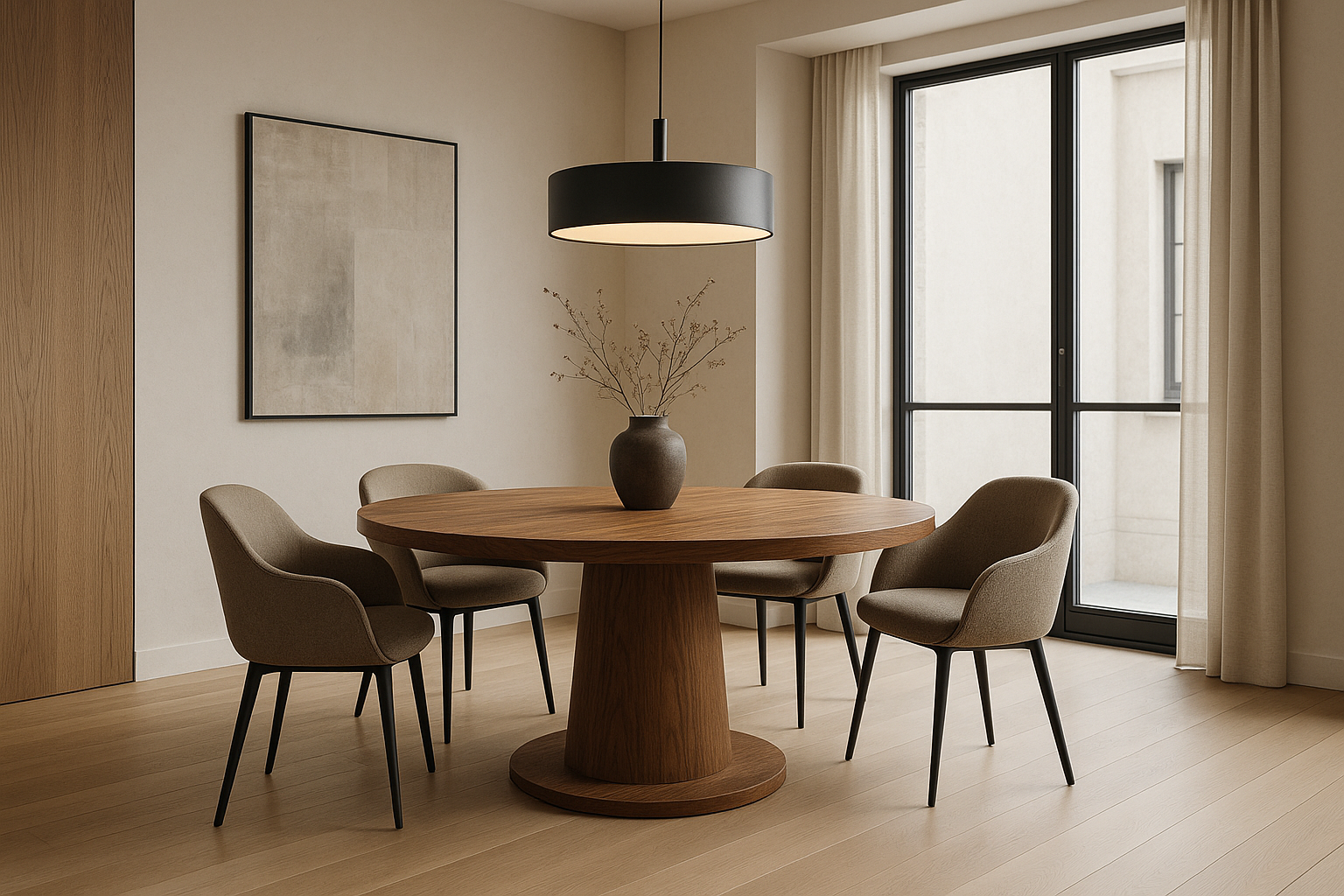 Moderne eetkamer met ronde houten eettafel en 4 kuipstoelen eromheen.