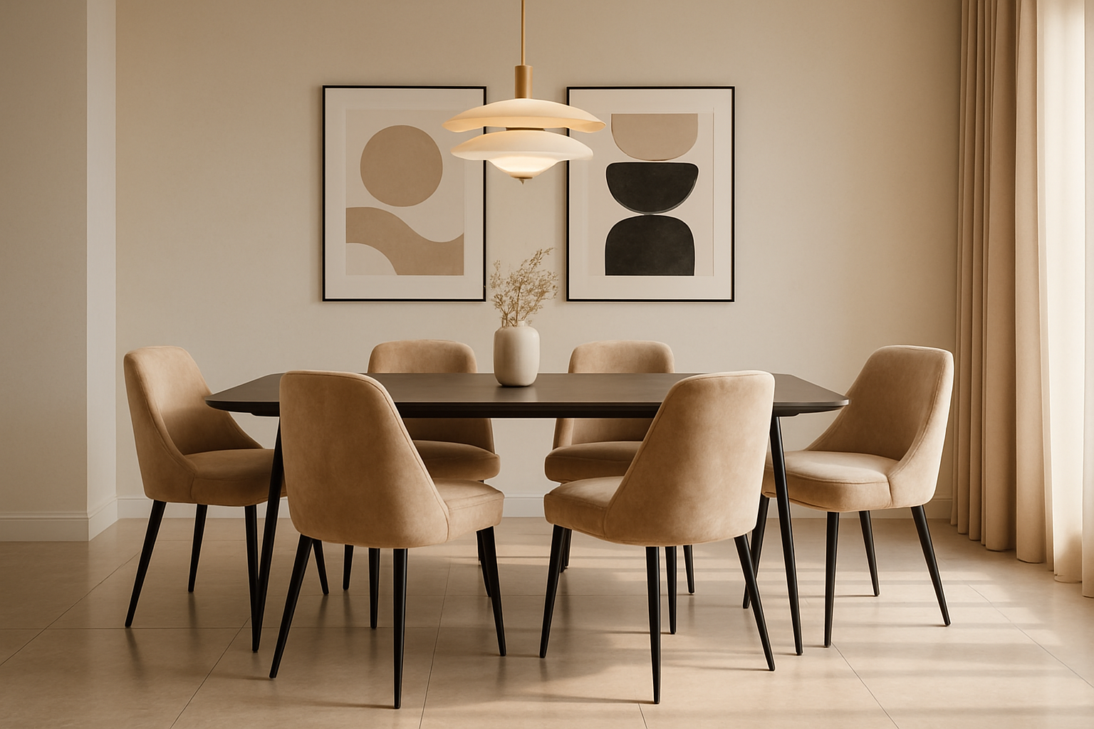 Moderne eetkamer met zachte beige fluwelen eetkamerstoelen.