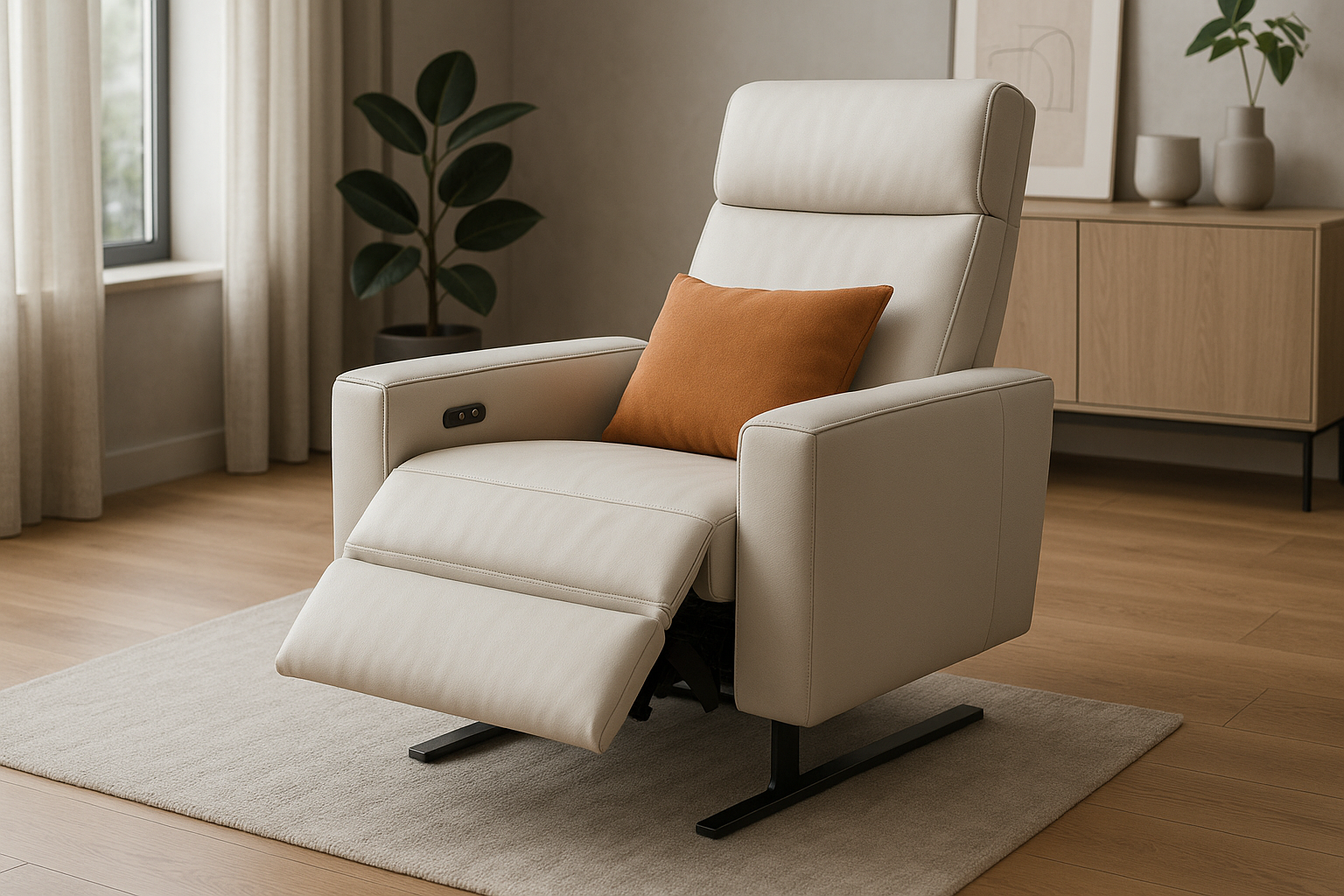 Moderne elektrische fauteuil met oranje sierkussen erop in een moderne zithoek.
