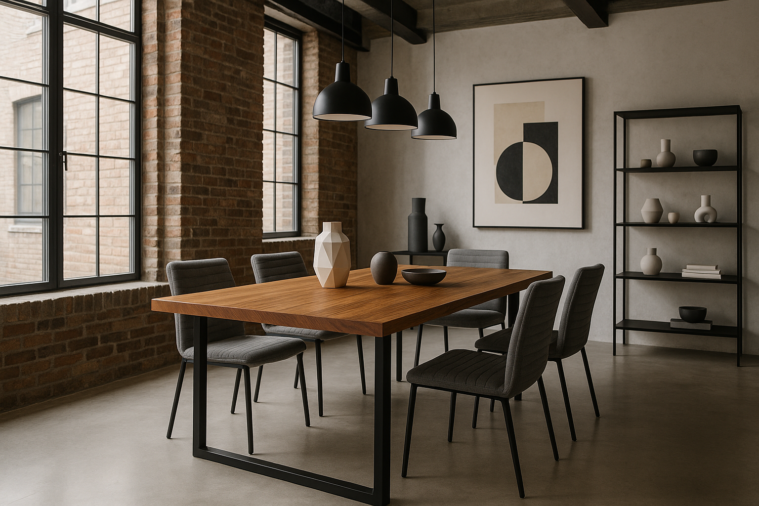 Moderne industriële eetkamer met moderne decoraties en 4 ribstof eetkamerstoelen rond een houten eettafel, er komt veel daglicht de kamer binnen.