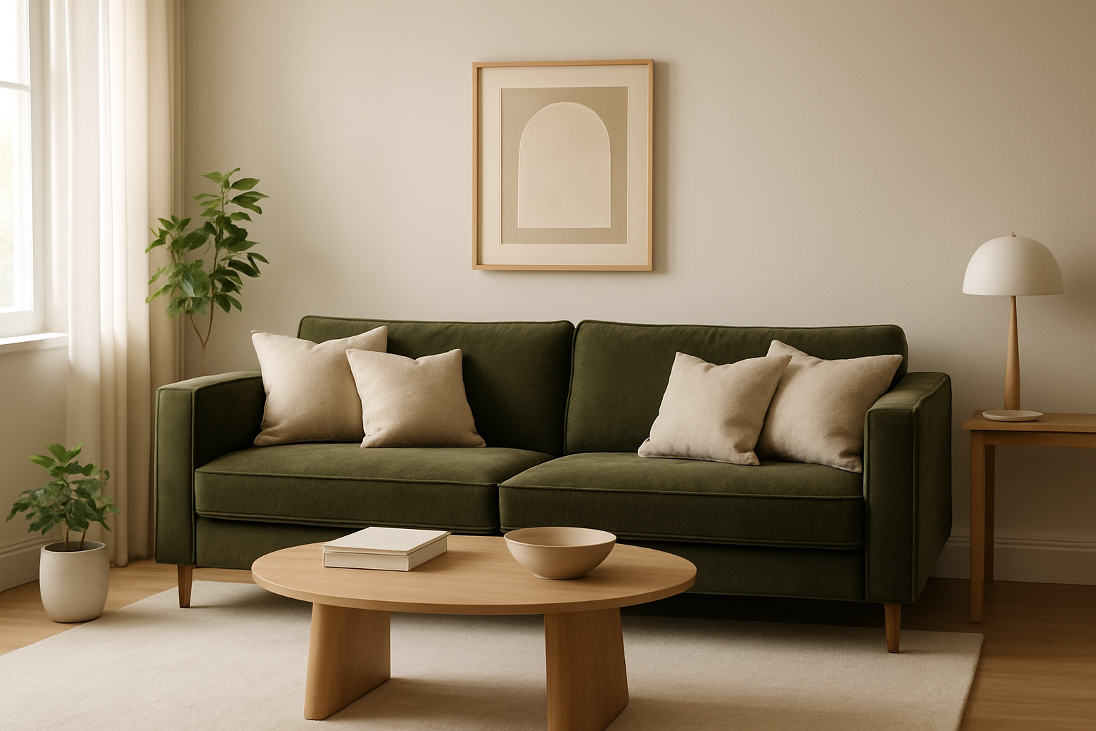 Moderne woonkamer met een donker olijfgroene bank en beige katoenen kussens en een raam met zacht daglicht.