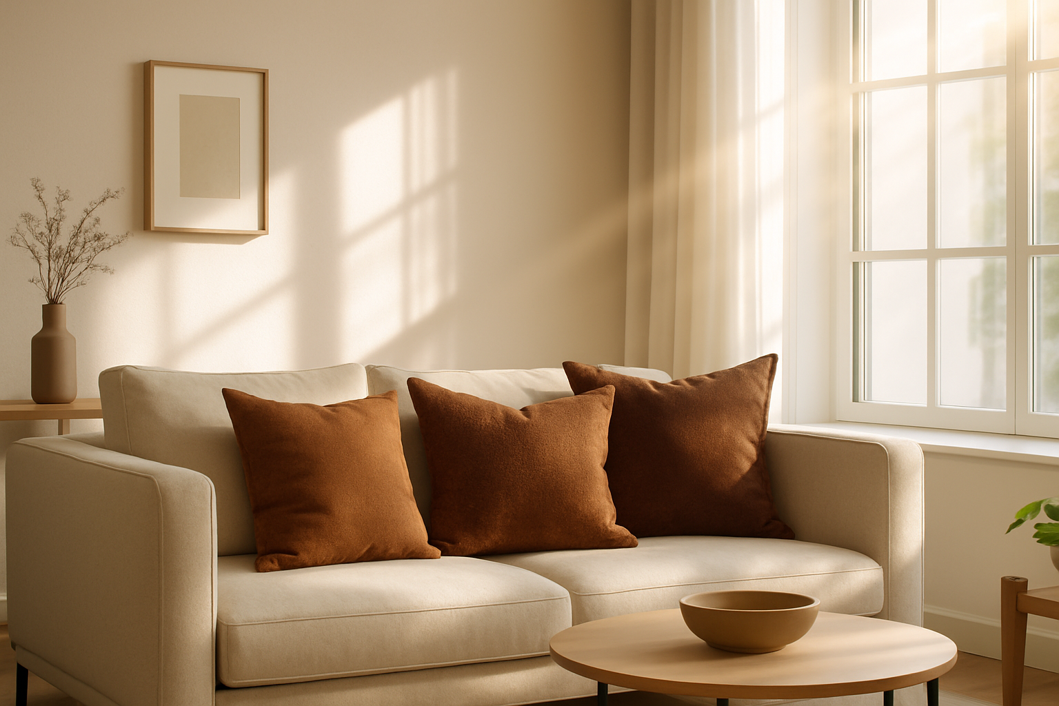 Moderne woonkamer met trendy bruine sierkussens op de comfortabele bank en zacht daglicht.